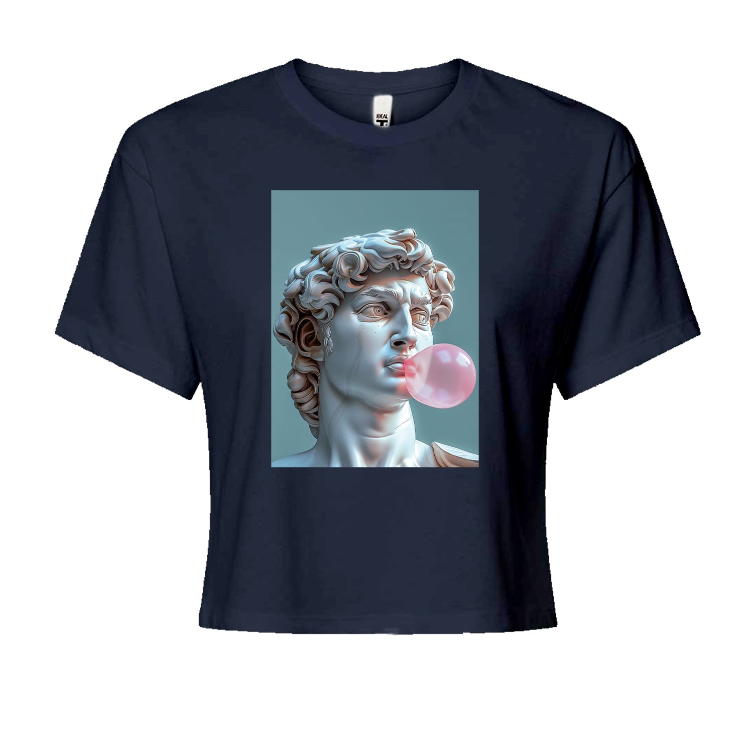 Michelangelo's David with Bubble Gum Contemporary Statue Art Cropped T-Shirt Navy Blue