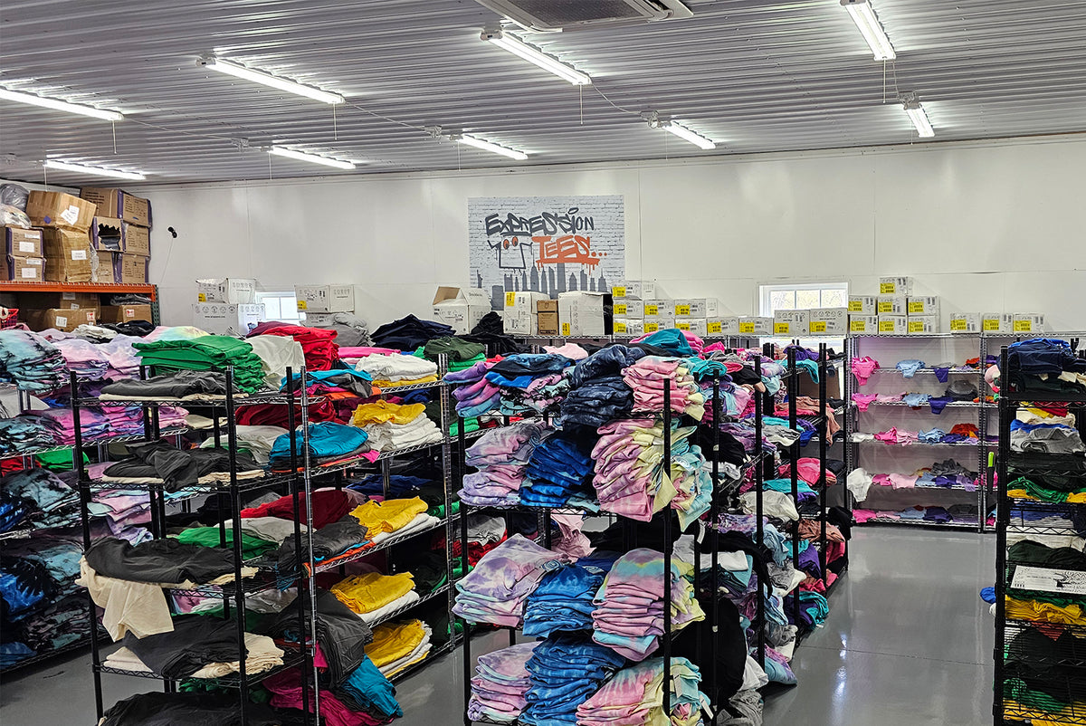 Colorful printed apparel inside the Expression Tees production shop in Phoenixville, Pennsylvania