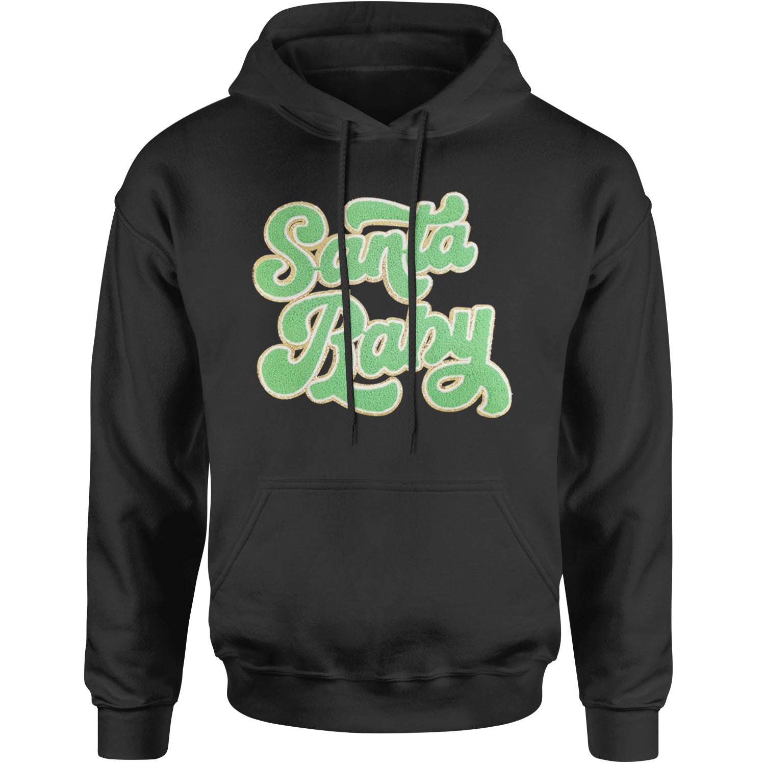 Green Santa Baby Chenille Patch Adult Hoodie Sweatshirt Black