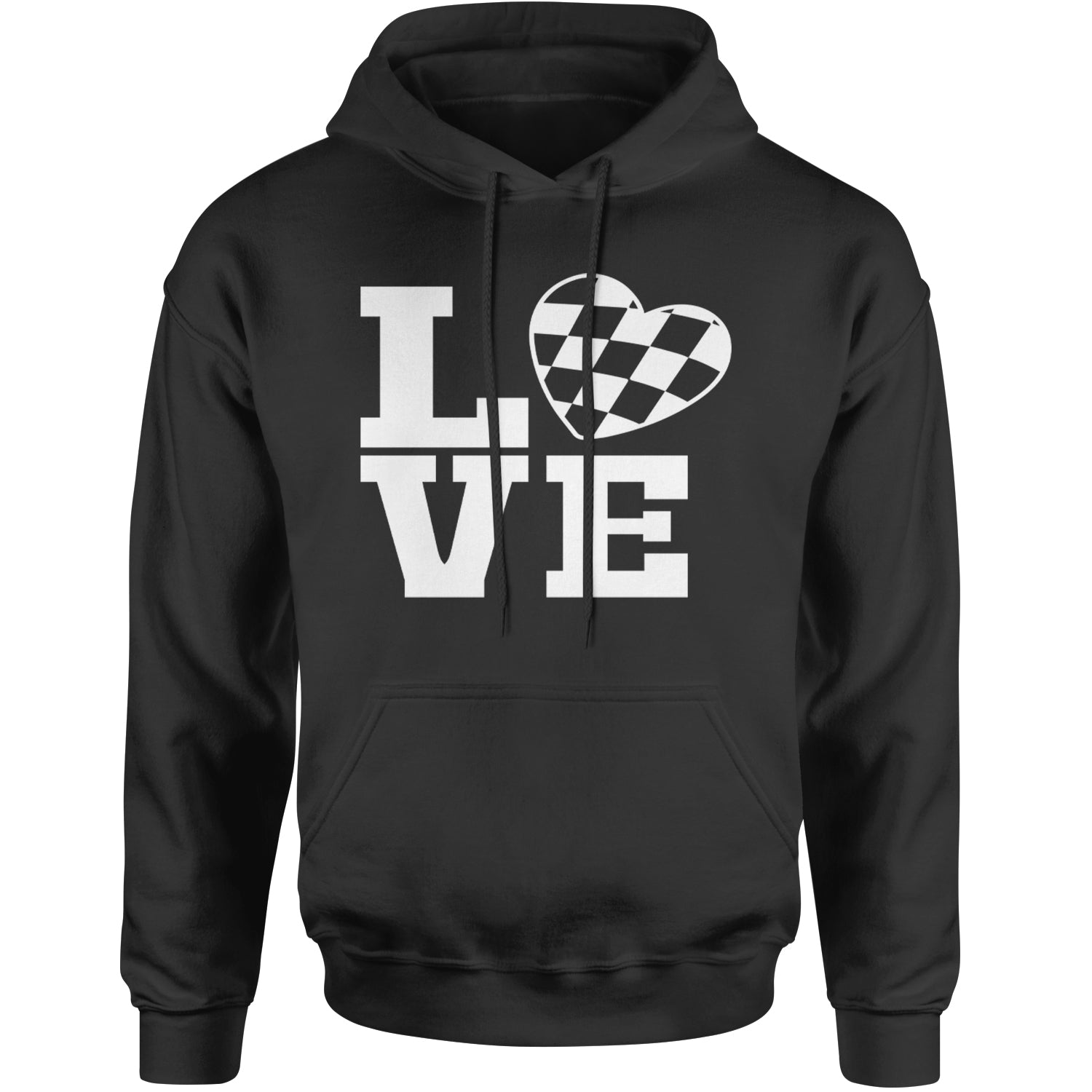 Love Racing Checkered Flag Heart Adult Hoodie Sweatshirt Black