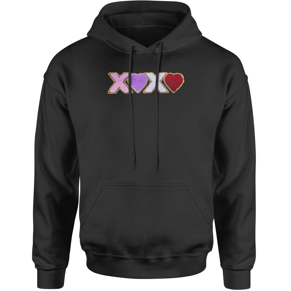 XOXO Chenille Patch Valentines Days Adult Hoodie Sweatshirt Black