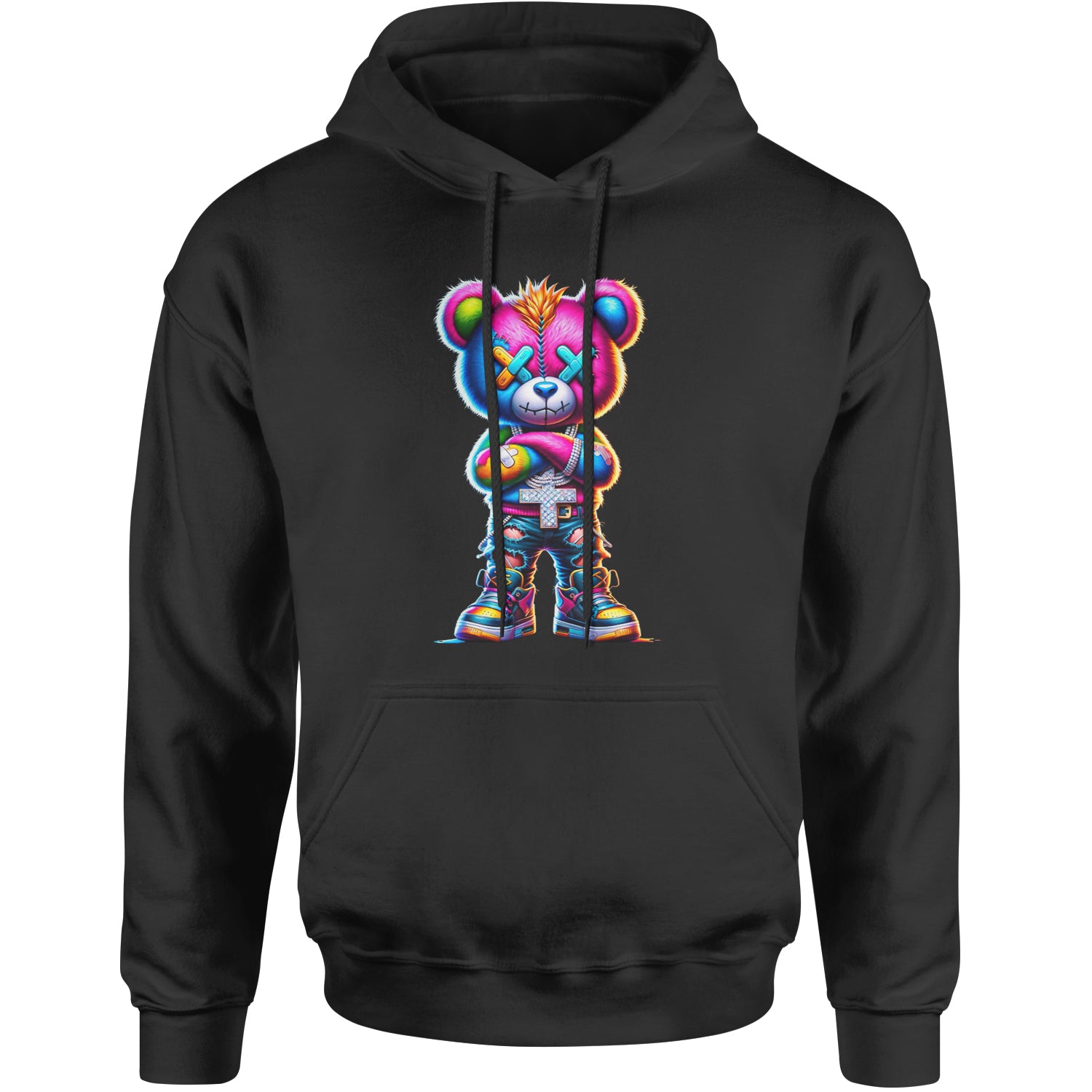 Stitched Neon Urban Graffiti Bear Adult Hoodie Sweatshirt Black