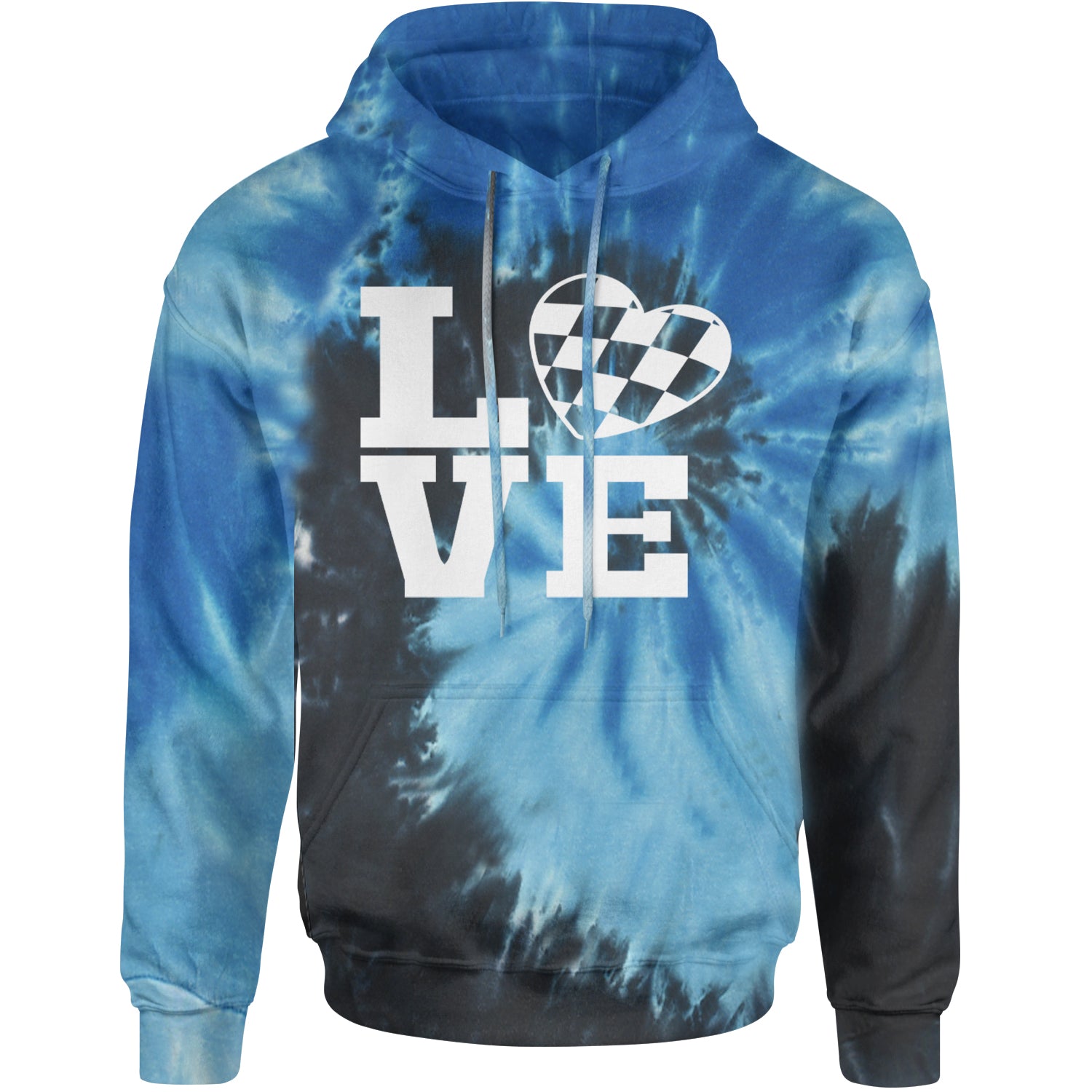 Love Racing Checkered Flag Heart Adult Hoodie Sweatshirt Blue Ocean