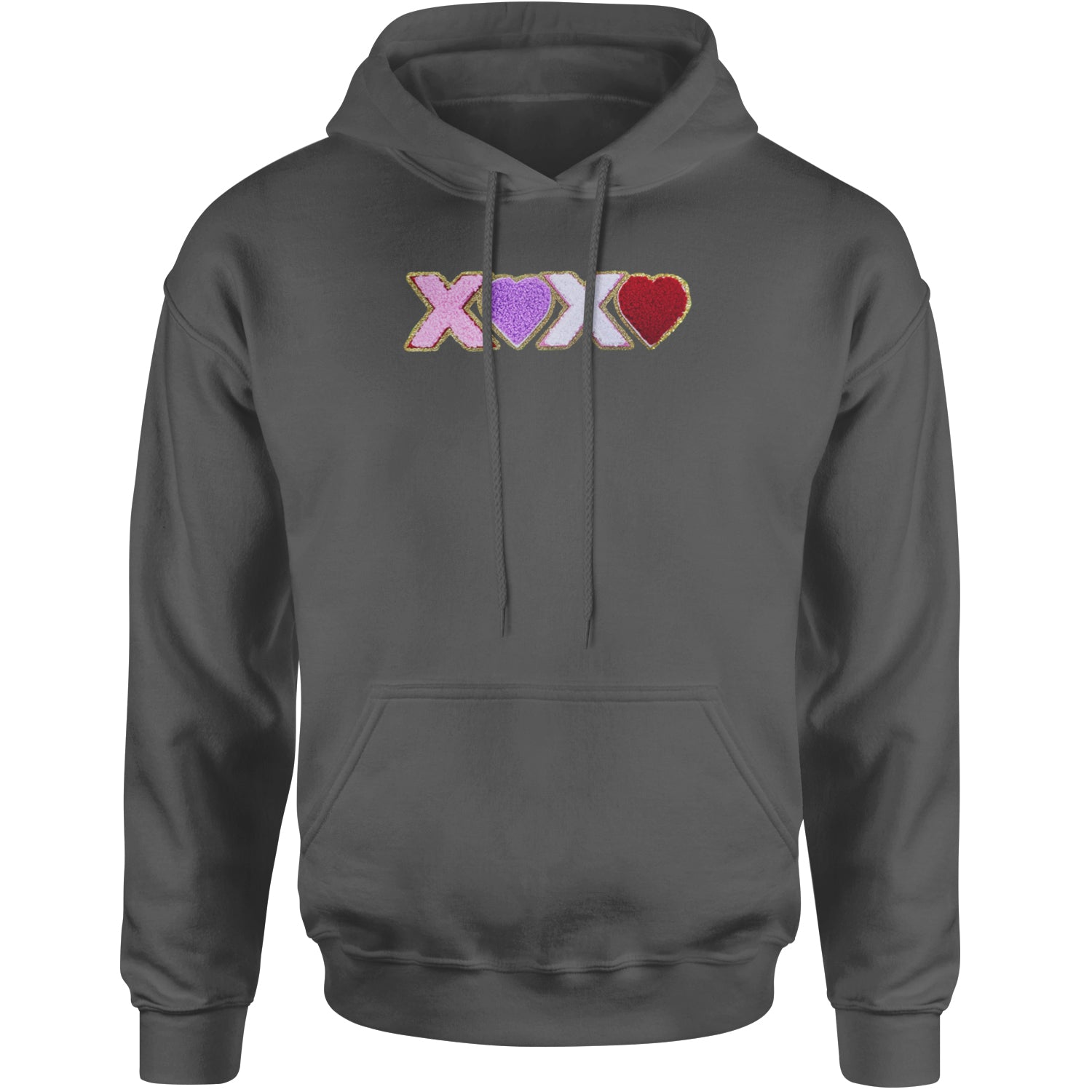 XOXO Chenille Patch Valentines Days Adult Hoodie Sweatshirt Charcoal Grey