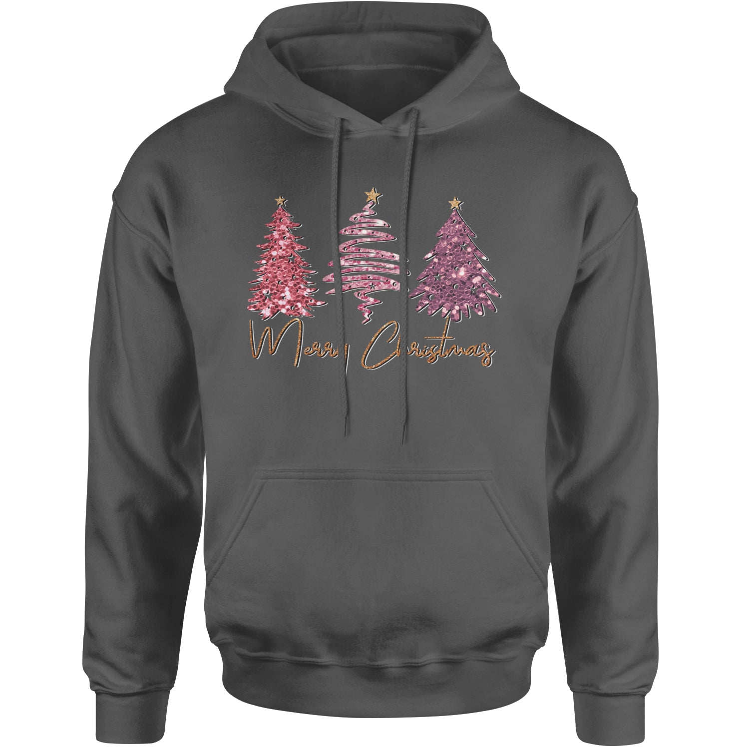 Merry Christmas Faux Glitter Trees Adult Hoodie Sweatshirt Charcoal Grey