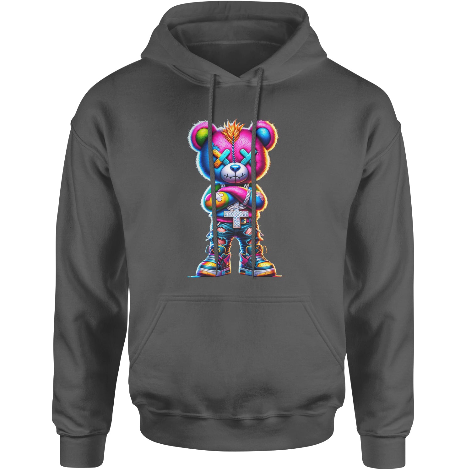 Stitched Neon Urban Graffiti Bear Adult Hoodie Sweatshirt Black