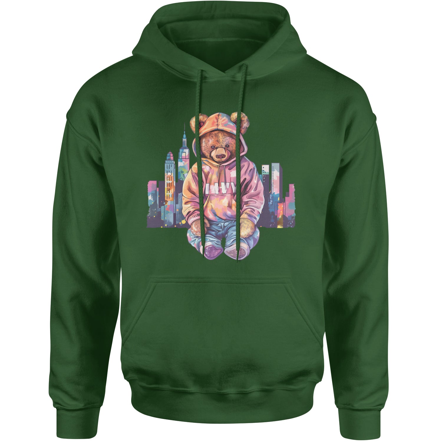 City Skyline Urban Graffiti Bear Adult Hoodie Sweatshirt Forest Green