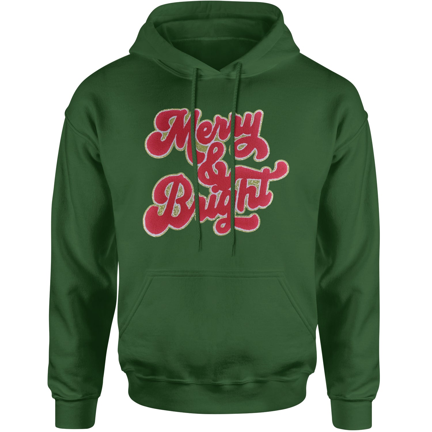 Merry & Bright Chenille Glitter Adult Hoodie Sweatshirt Forest Green