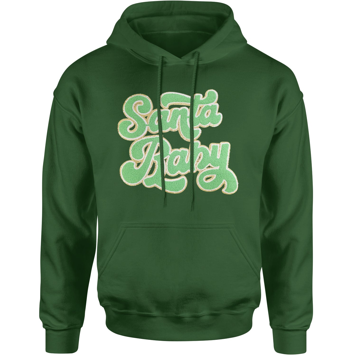 Green Santa Baby Chenille Patch Adult Hoodie Sweatshirt Forest Green