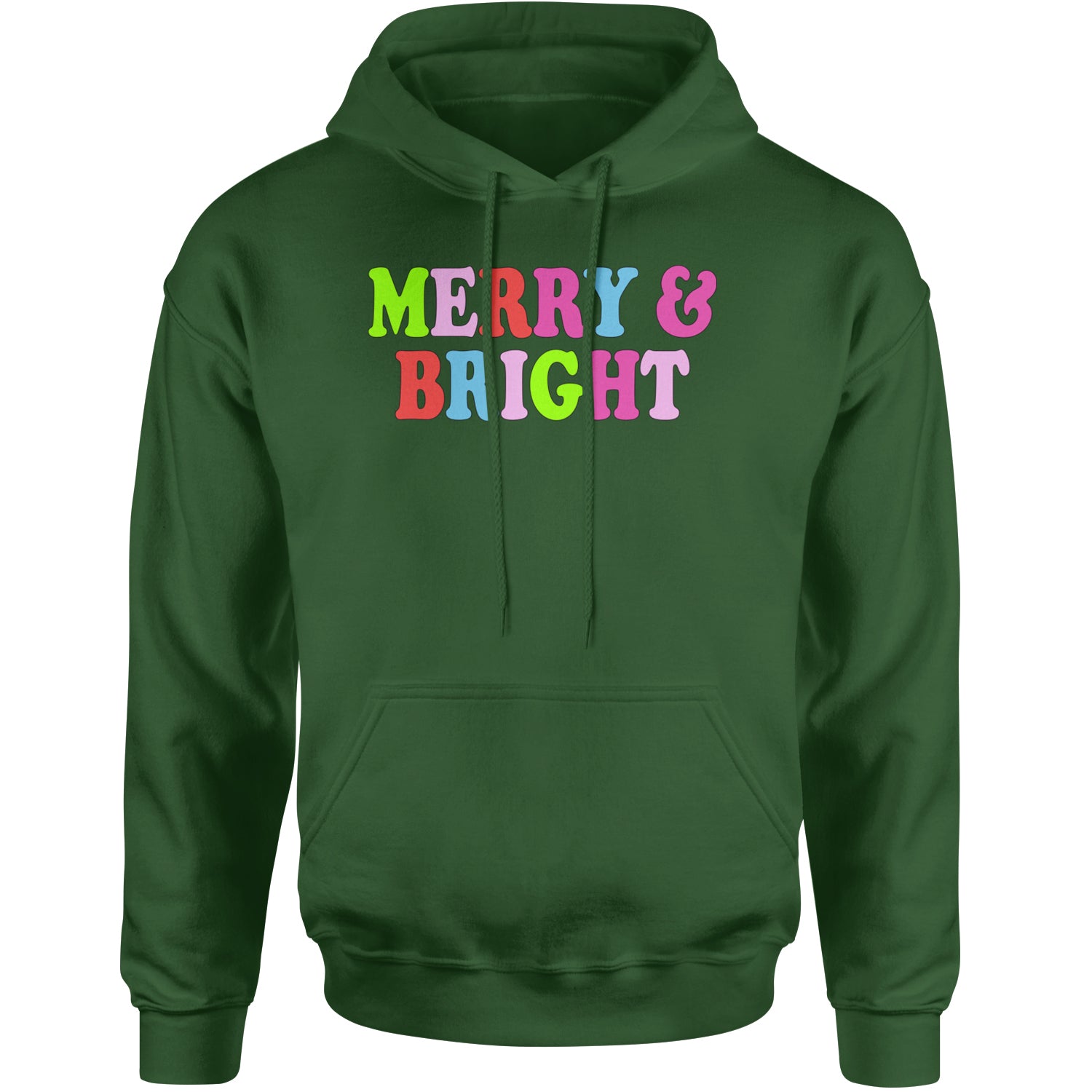 Merry and Bright Festive Christmas Holiday Adult Hoodie Sweatshirt Forest Green