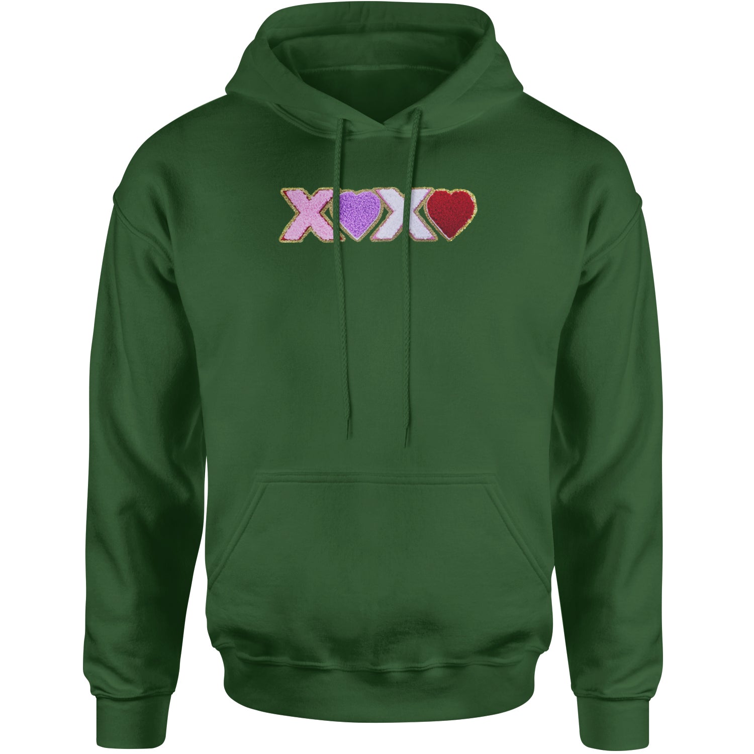 XOXO Chenille Patch Valentines Days Adult Hoodie Sweatshirt Forest Green