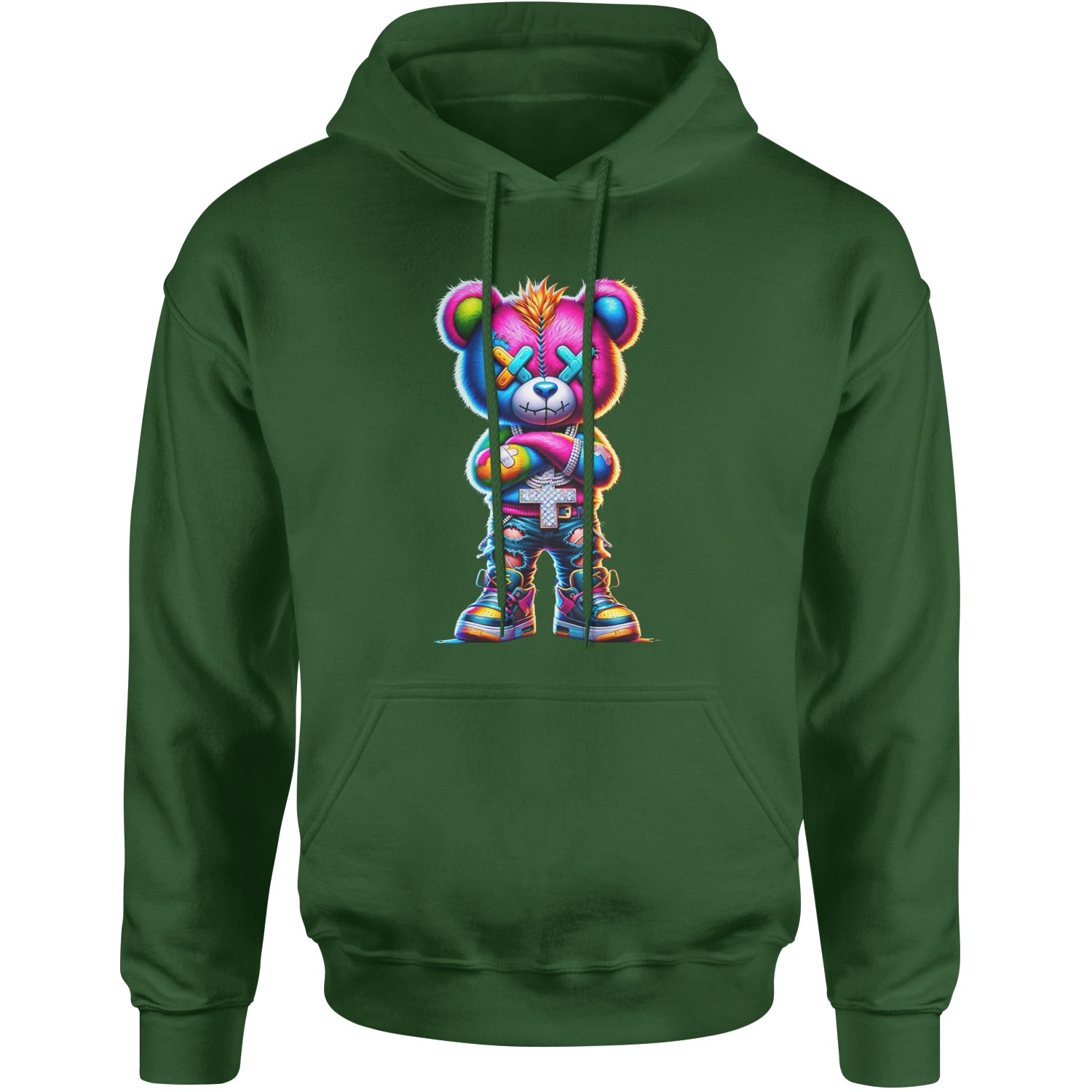 Stitched Neon Urban Graffiti Bear Adult Hoodie Sweatshirt Forest Green