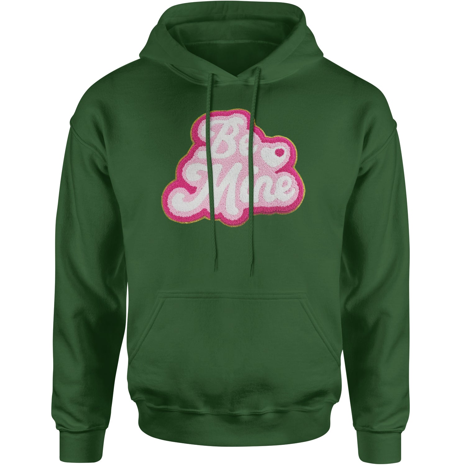 Be Mine Chenille Patch Valentines Days Adult Hoodie Sweatshirt Forest Green