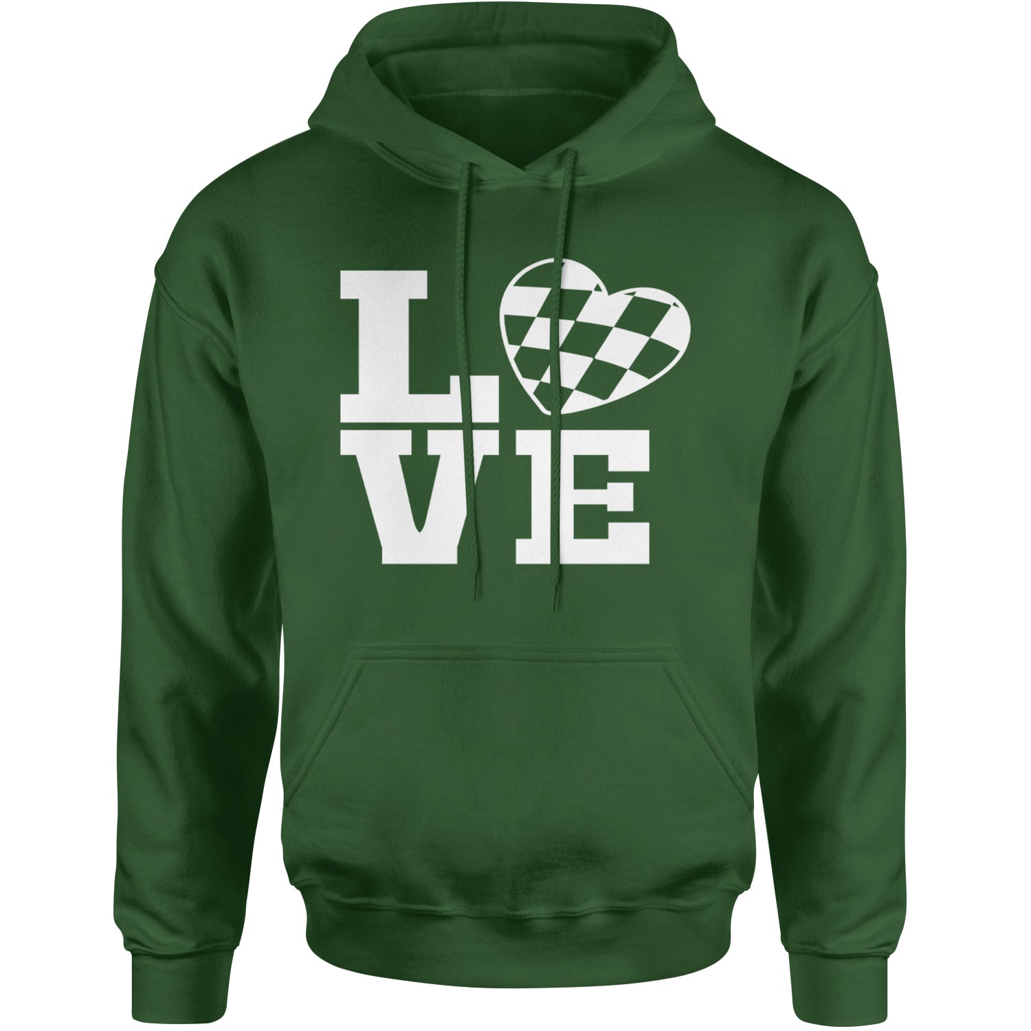 Love Racing Checkered Flag Heart Adult Hoodie Sweatshirt Forest Green