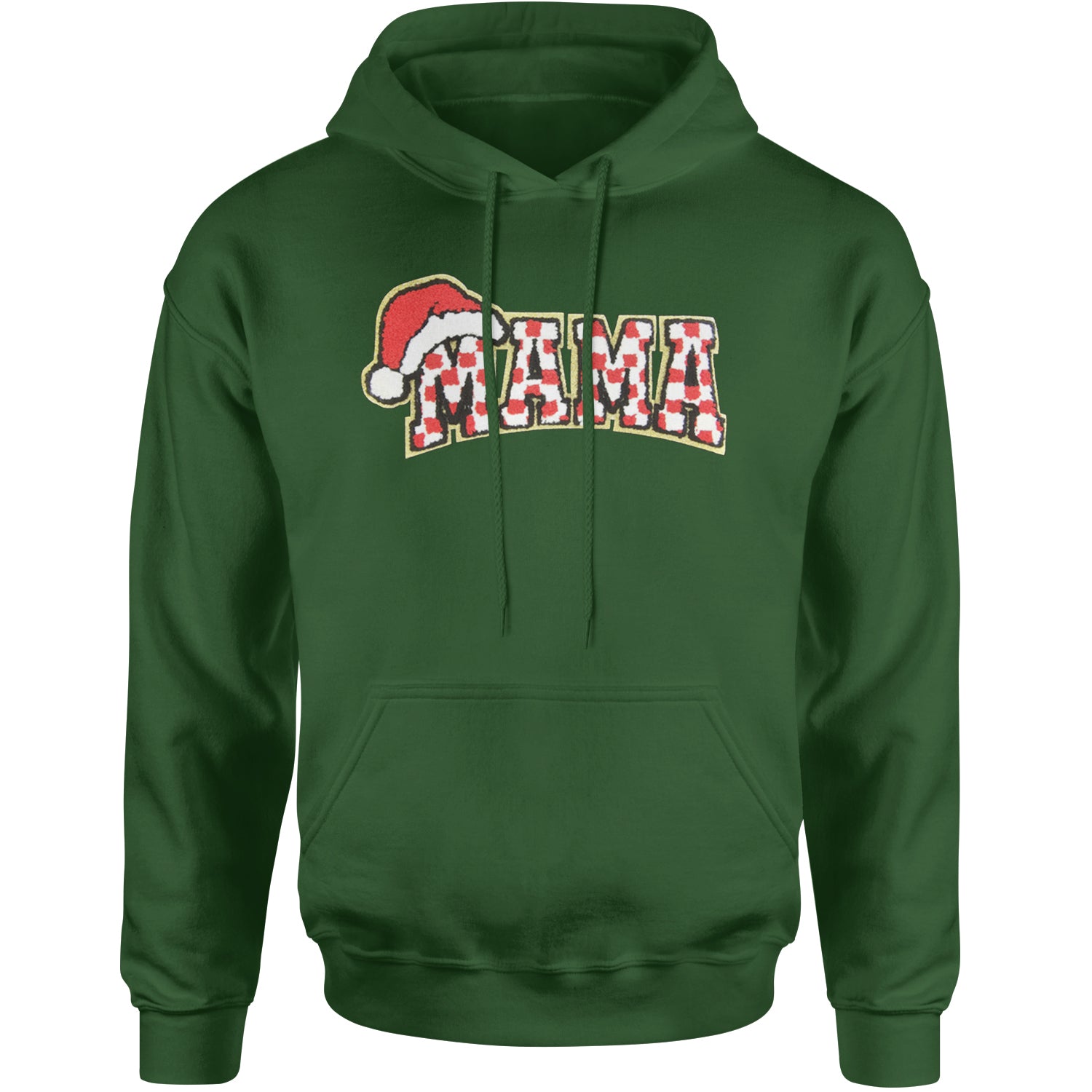 Mama Santa Hat Chenille Patch Adult Hoodie Sweatshirt Forest Green