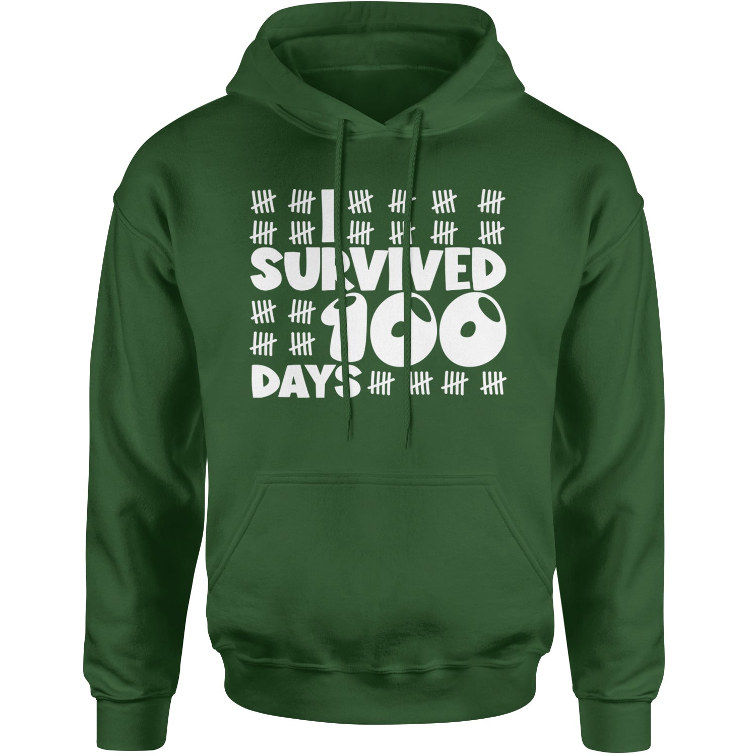 I Survived 100 Days Tally Marks Adult Hoodie Sweatshirt Forest Green