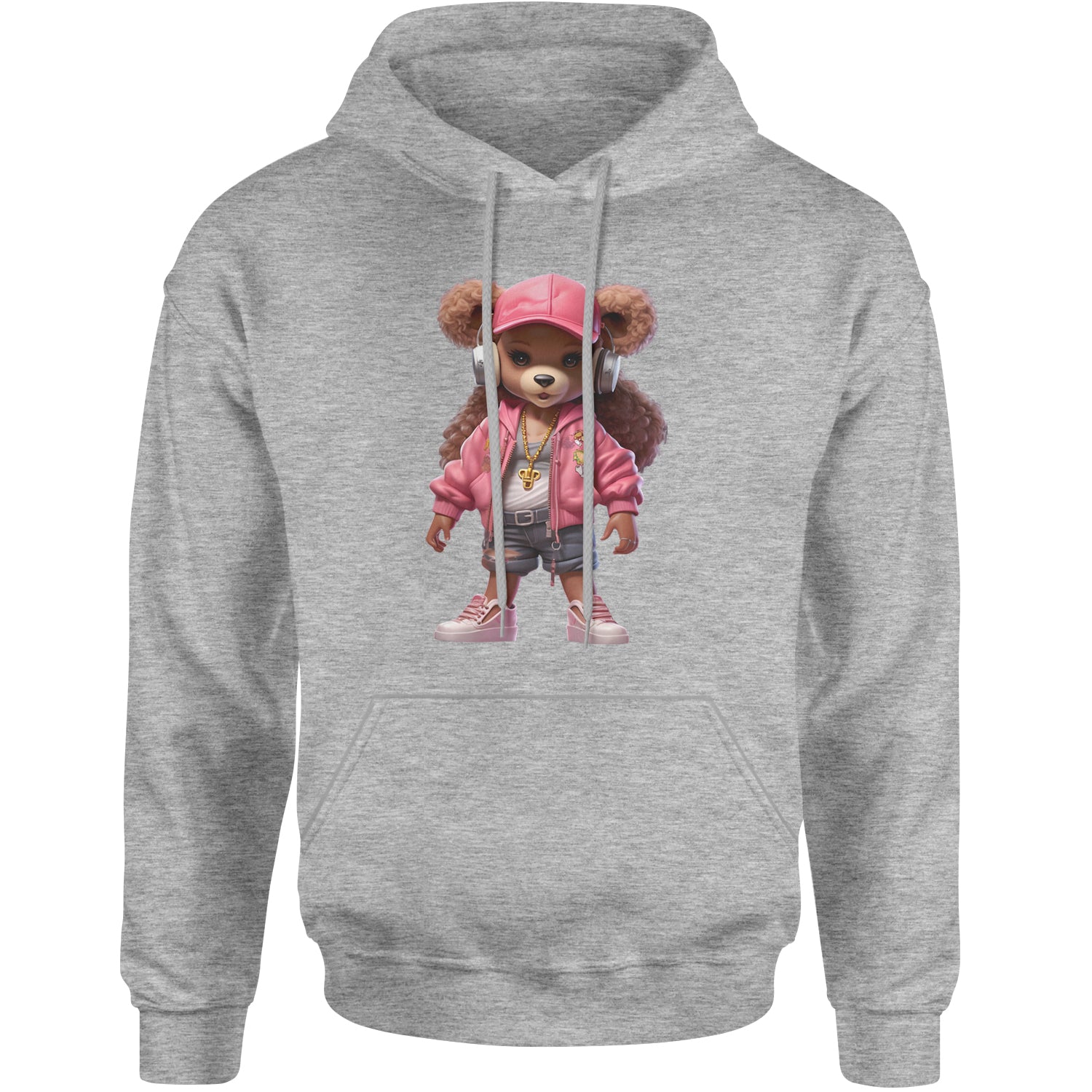 Pink Female Urban Graffiti Bear Adult Hoodie Sweatshirt Heather Grey