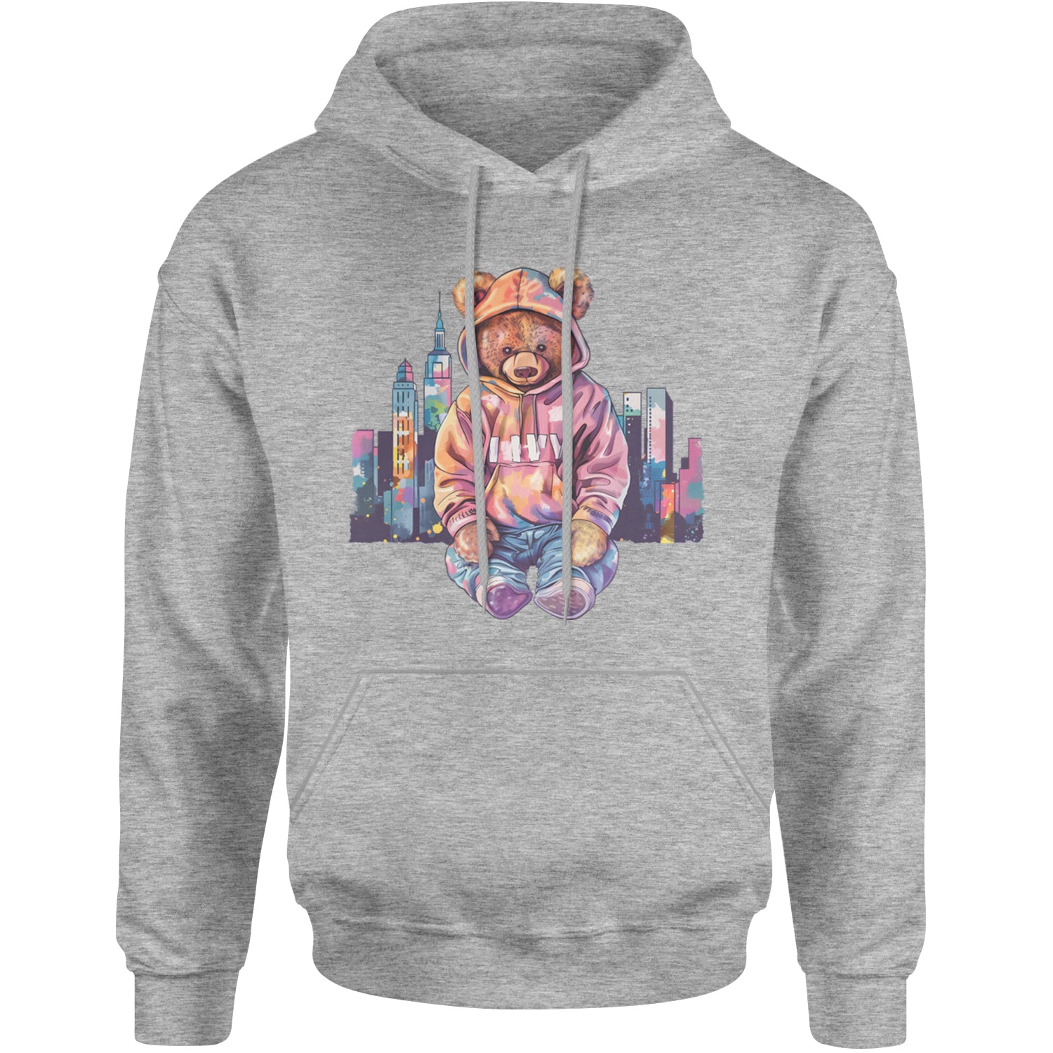 City Skyline Urban Graffiti Bear Adult Hoodie Sweatshirt Heather Grey