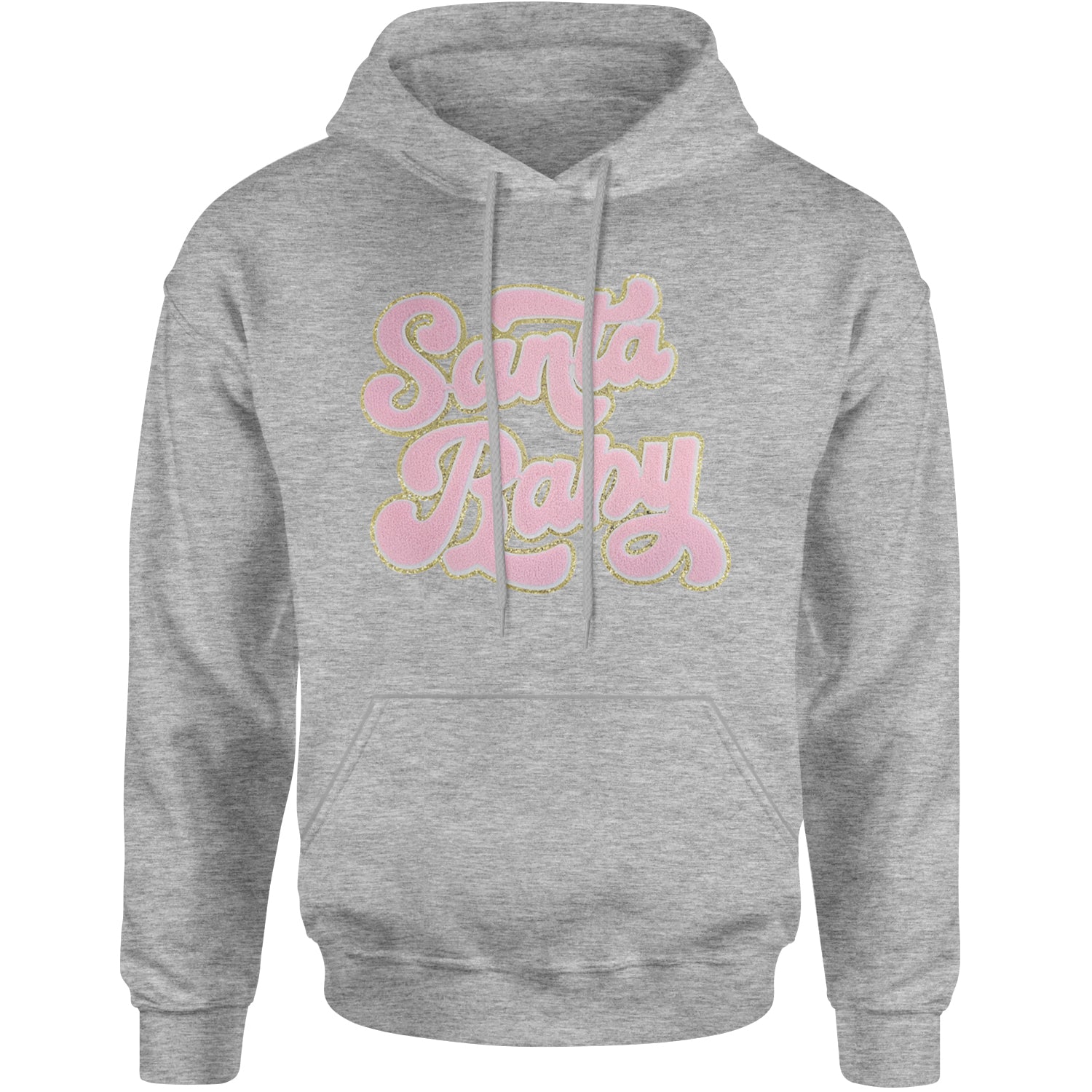 Pink Santa Baby Chenille Patch Adult Hoodie Sweatshirt Heather Grey