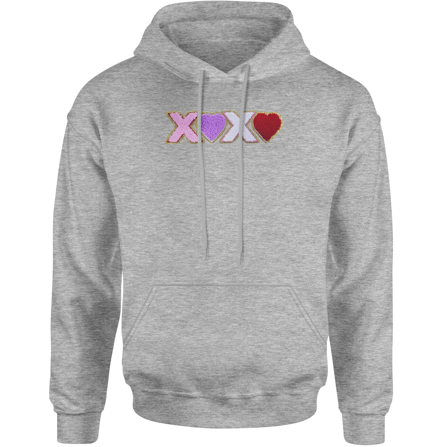 XOXO Chenille Patch Valentines Days Adult Hoodie Sweatshirt Heather Grey