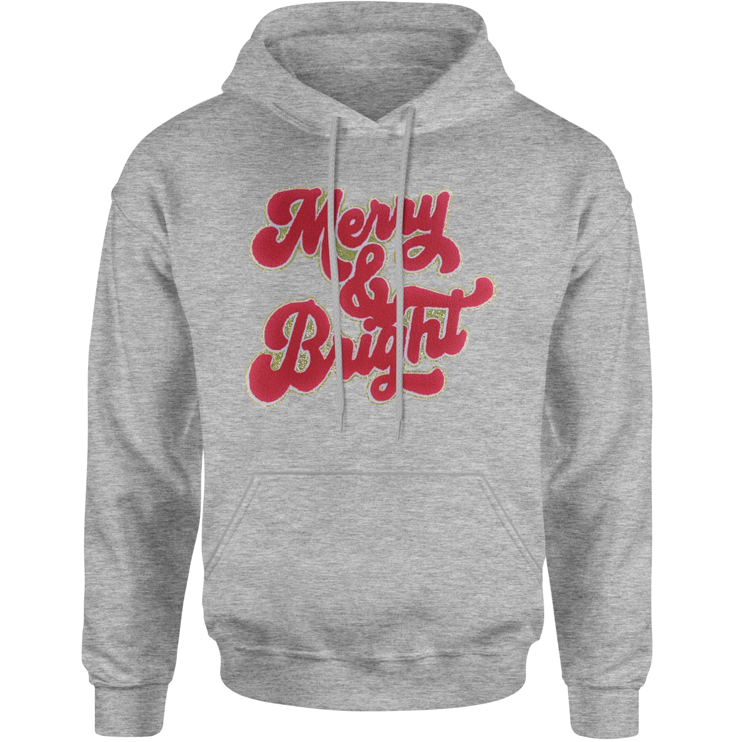 Merry & Bright Chenille Glitter Adult Hoodie Sweatshirt Heather Grey