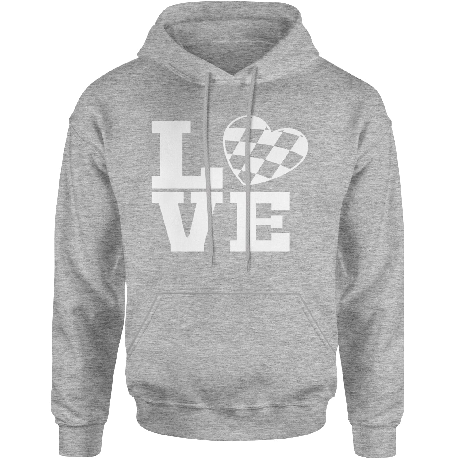 Love Racing Checkered Flag Heart Adult Hoodie Sweatshirt Heather Grey