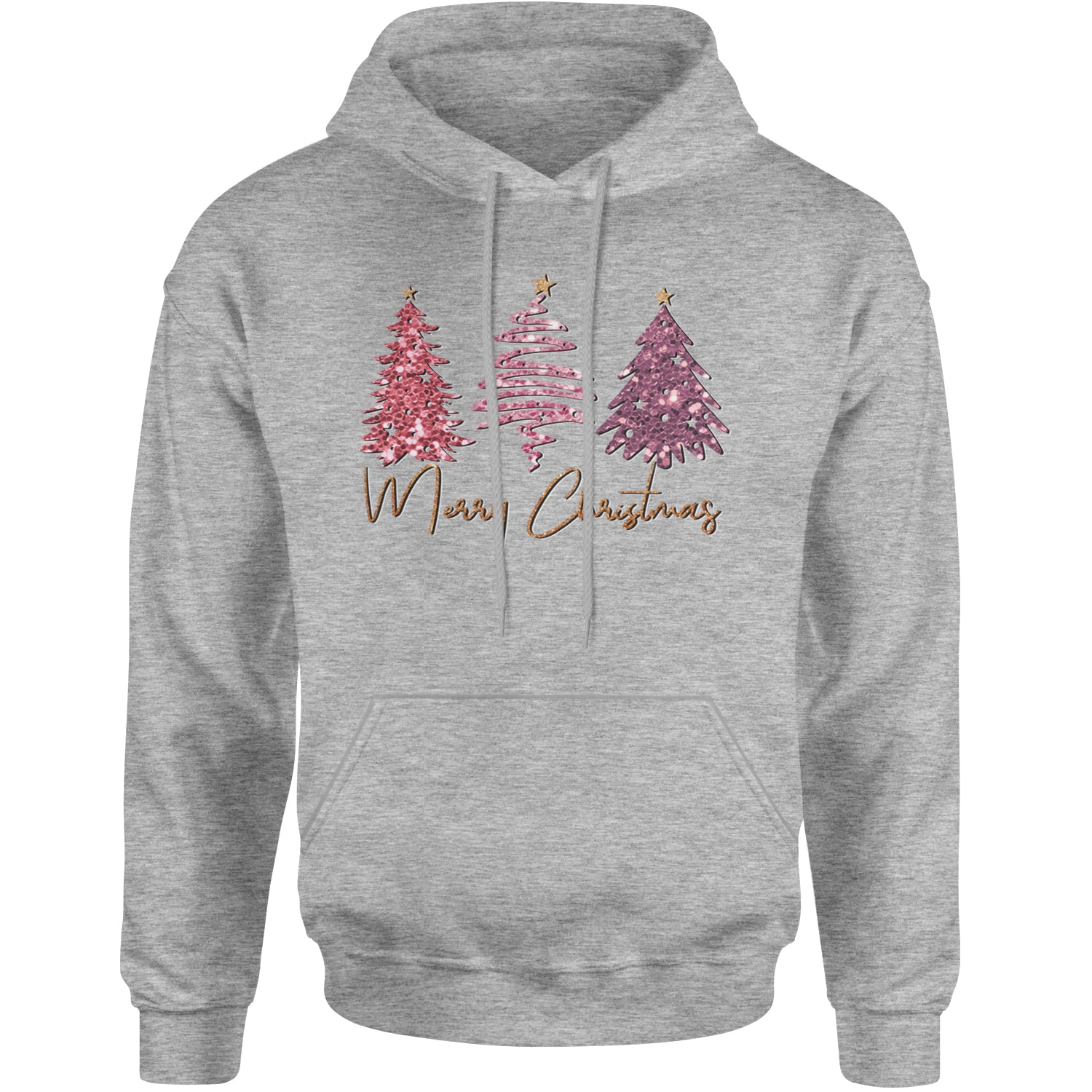 Merry Christmas Faux Glitter Trees Adult Hoodie Sweatshirt Heather Grey