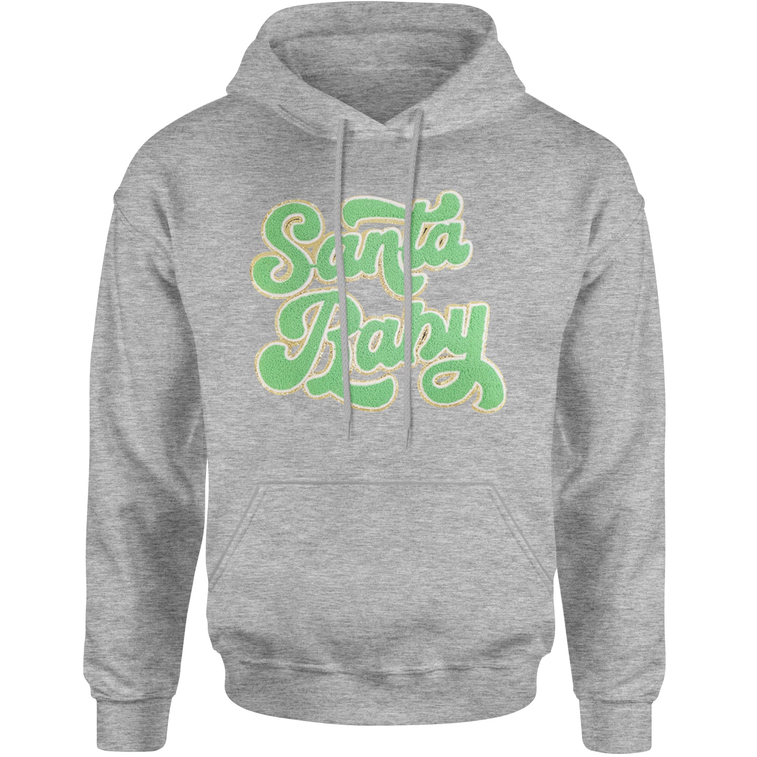 Green Santa Baby Chenille Patch Adult Hoodie Sweatshirt Heather Grey