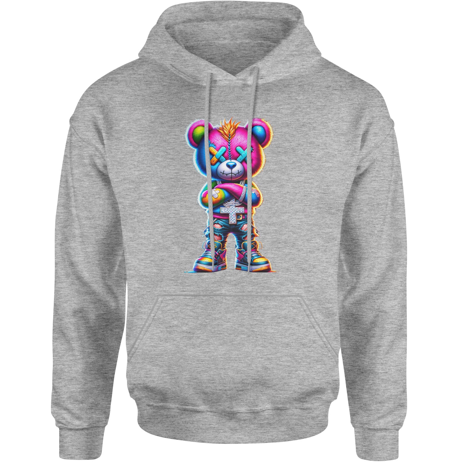 Stitched Neon Urban Graffiti Bear Adult Hoodie Sweatshirt Heather Grey