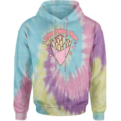 Fries and hearts artwork in pink and red on a unisex heavyweight fleece pullover hoodie