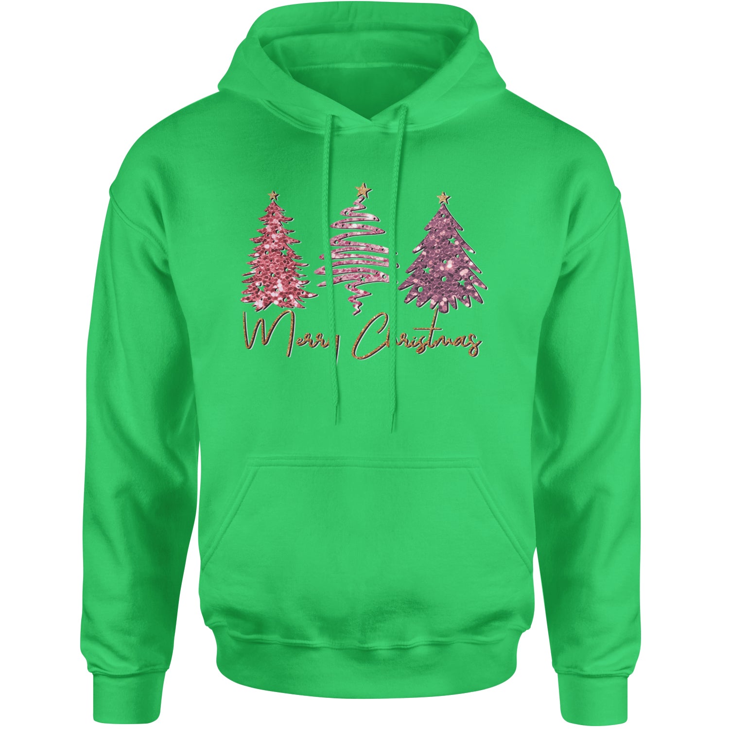 Merry Christmas Faux Glitter Trees Adult Hoodie Sweatshirt Kelly Green