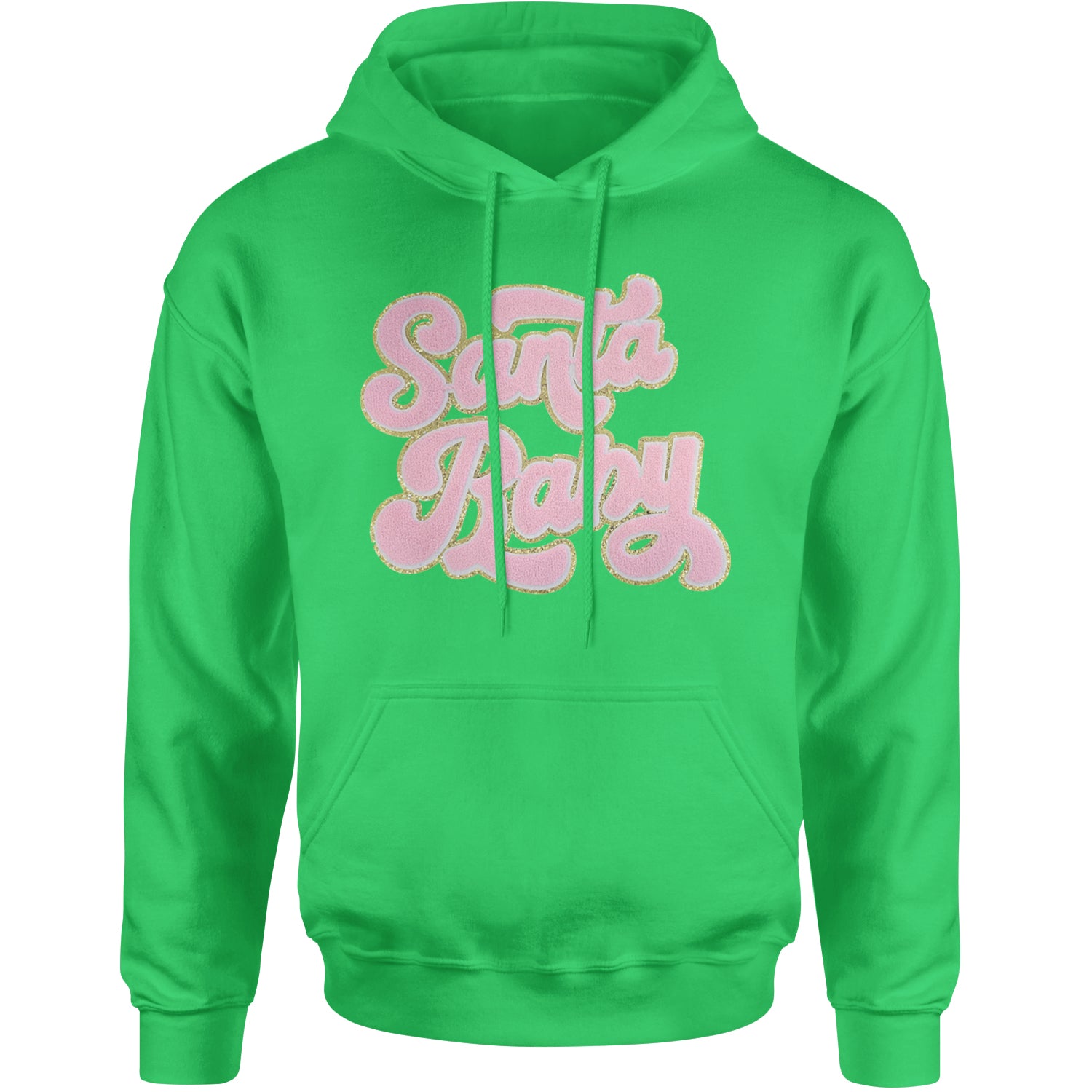 Pink Santa Baby Chenille Patch Adult Hoodie Sweatshirt Kelly Green