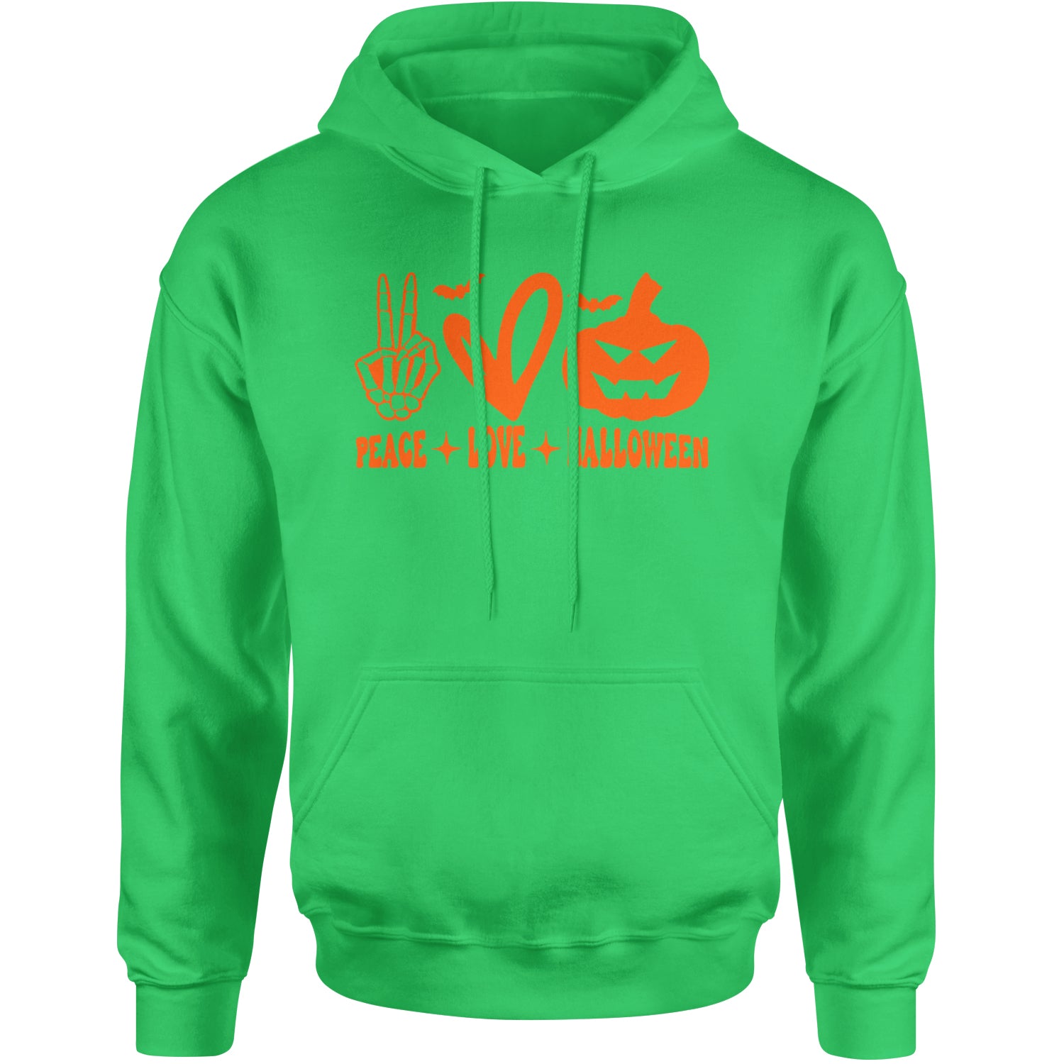 Peace, Love and Halloween Adult Hoodie Sweatshirt Kelly Green