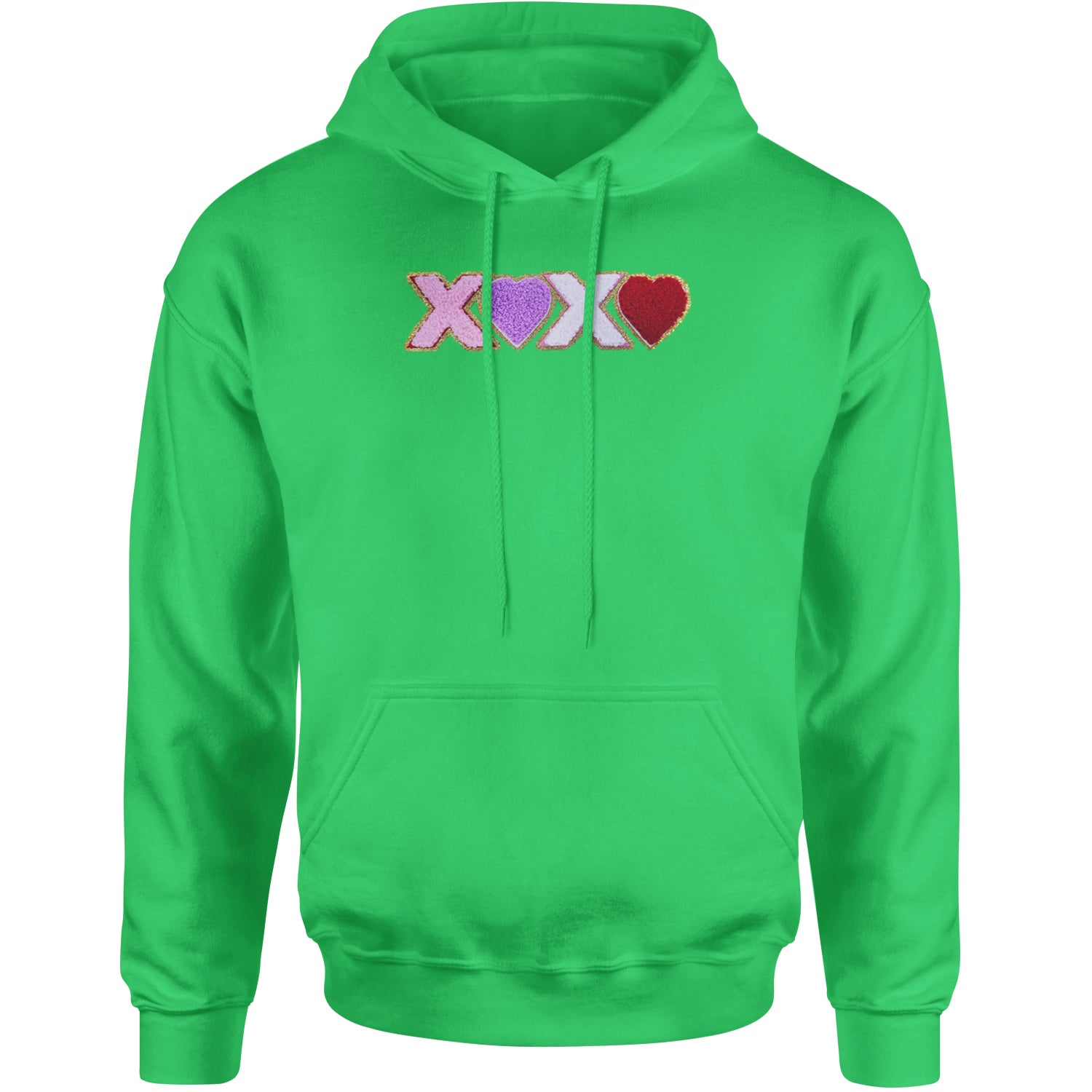 XOXO Chenille Patch Valentines Days Adult Hoodie Sweatshirt Kelly Green