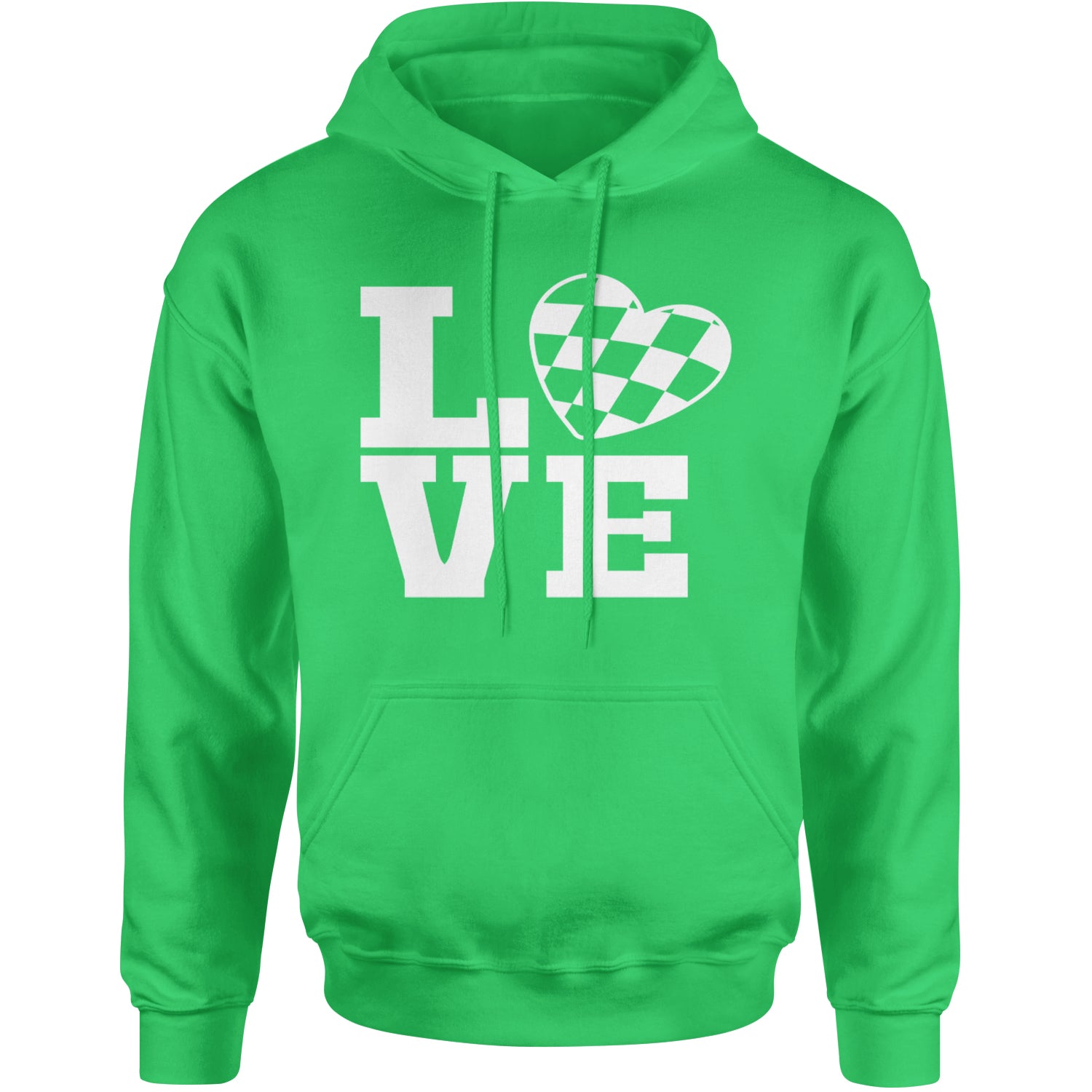 Love Racing Checkered Flag Heart Adult Hoodie Sweatshirt Kelly Green