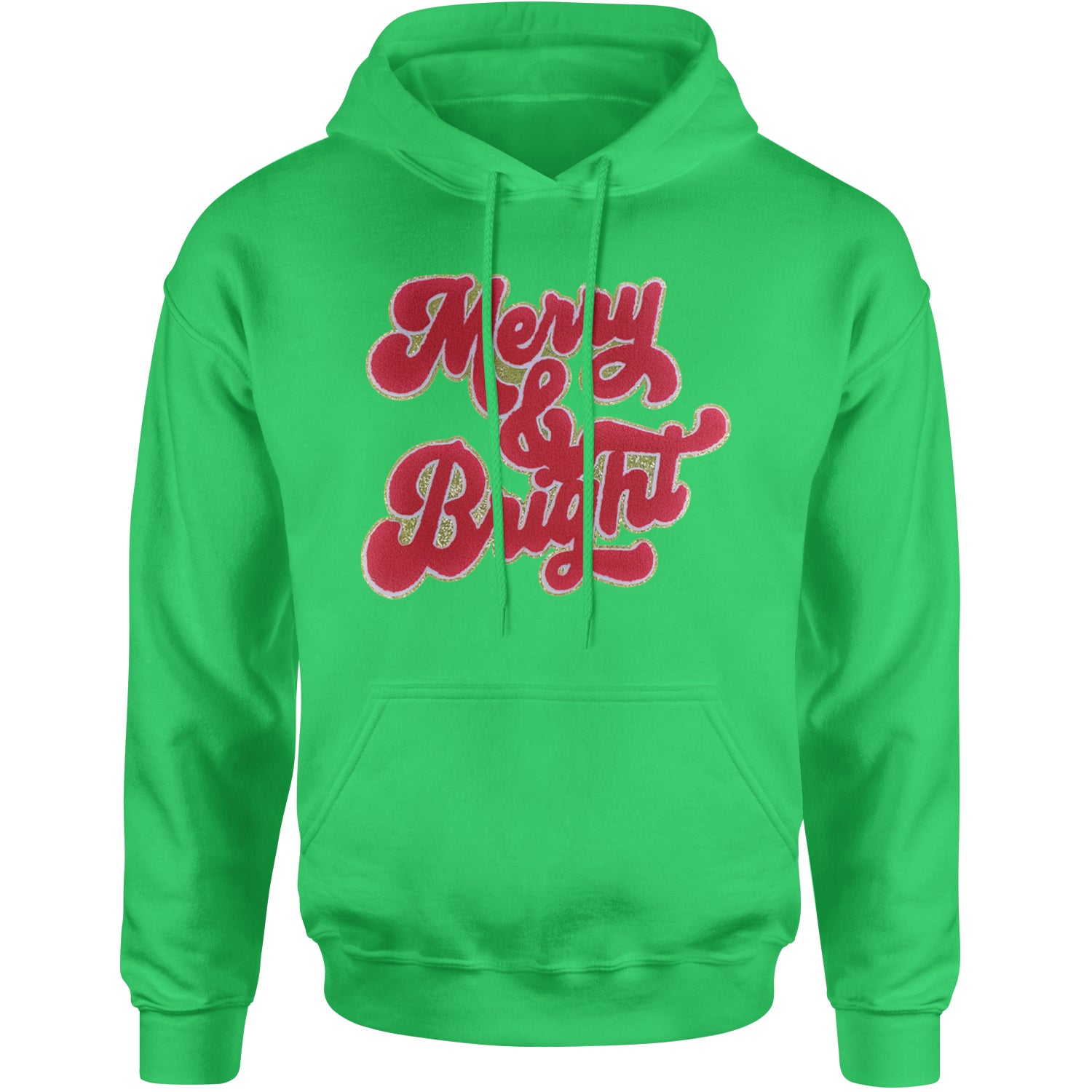 Merry & Bright Chenille Glitter Adult Hoodie Sweatshirt Kelly Green