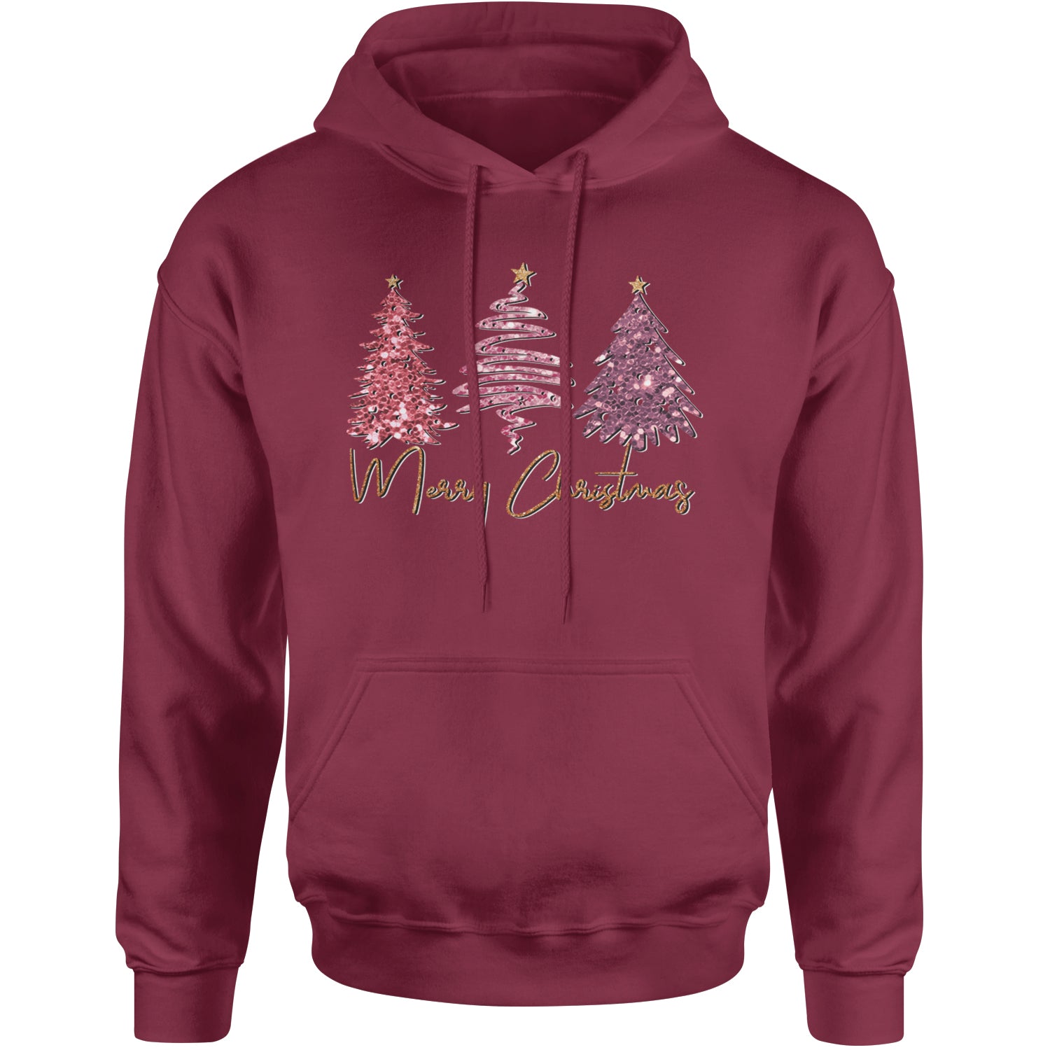 Merry Christmas Faux Glitter Trees Adult Hoodie Sweatshirt Maroon