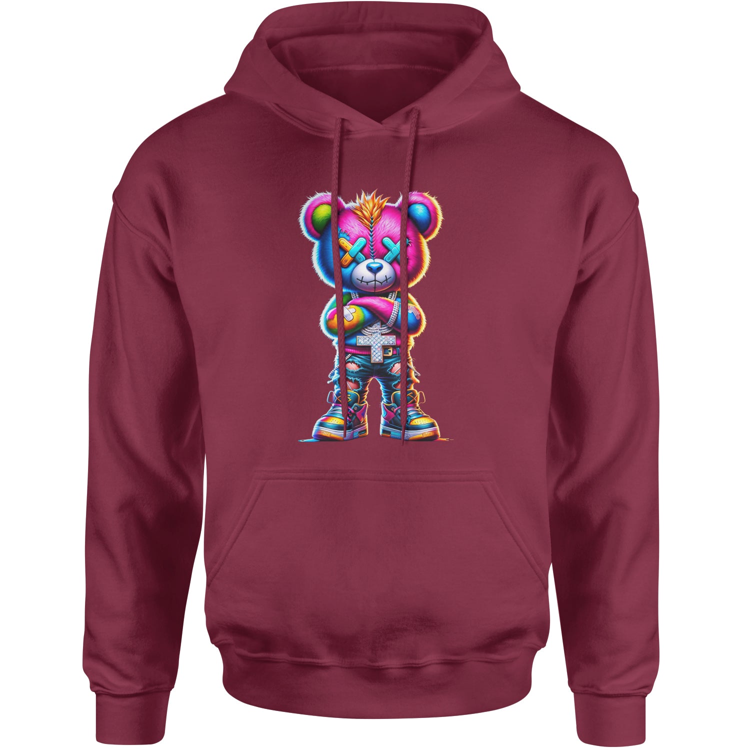 Stitched Neon Urban Graffiti Bear Adult Hoodie Sweatshirt Maroon