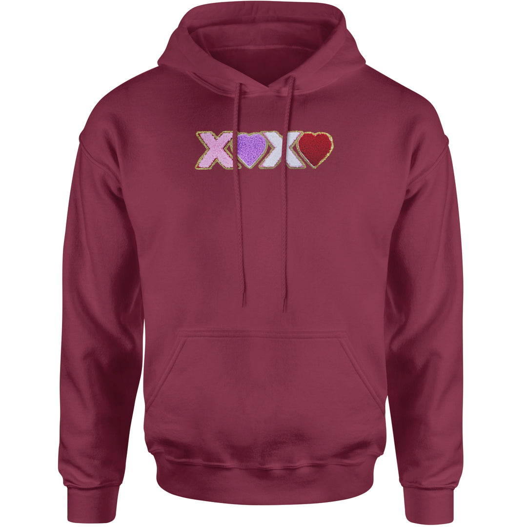 XOXO Chenille Patch Valentines Days Adult Hoodie Sweatshirt Maroon