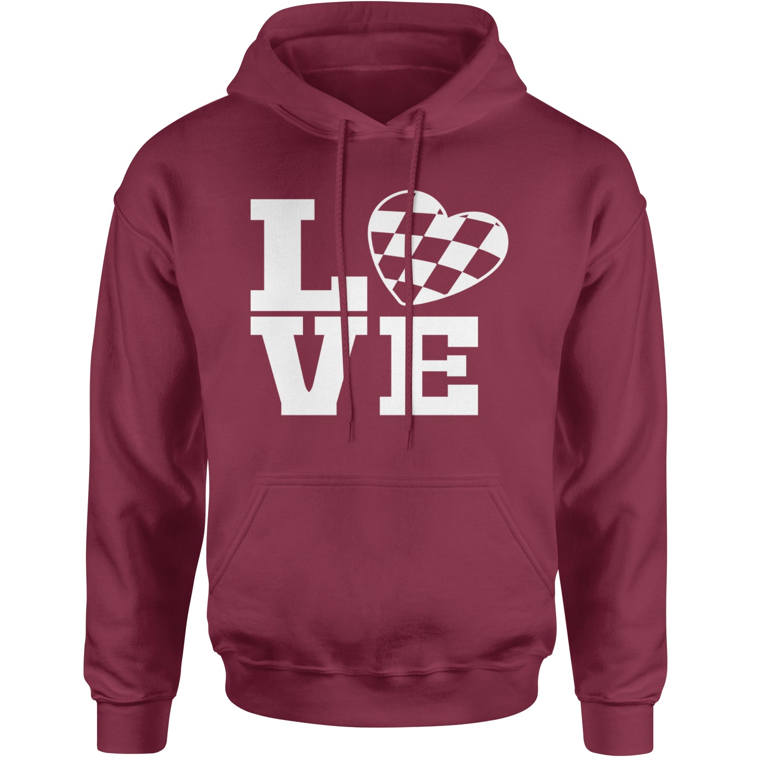 Love Racing Checkered Flag Heart Adult Hoodie Sweatshirt Maroon