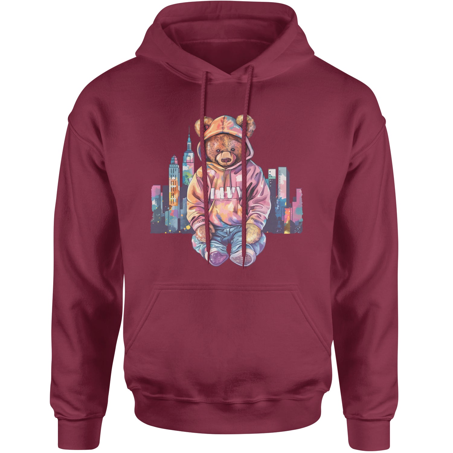 City Skyline Urban Graffiti Bear Adult Hoodie Sweatshirt Maroon