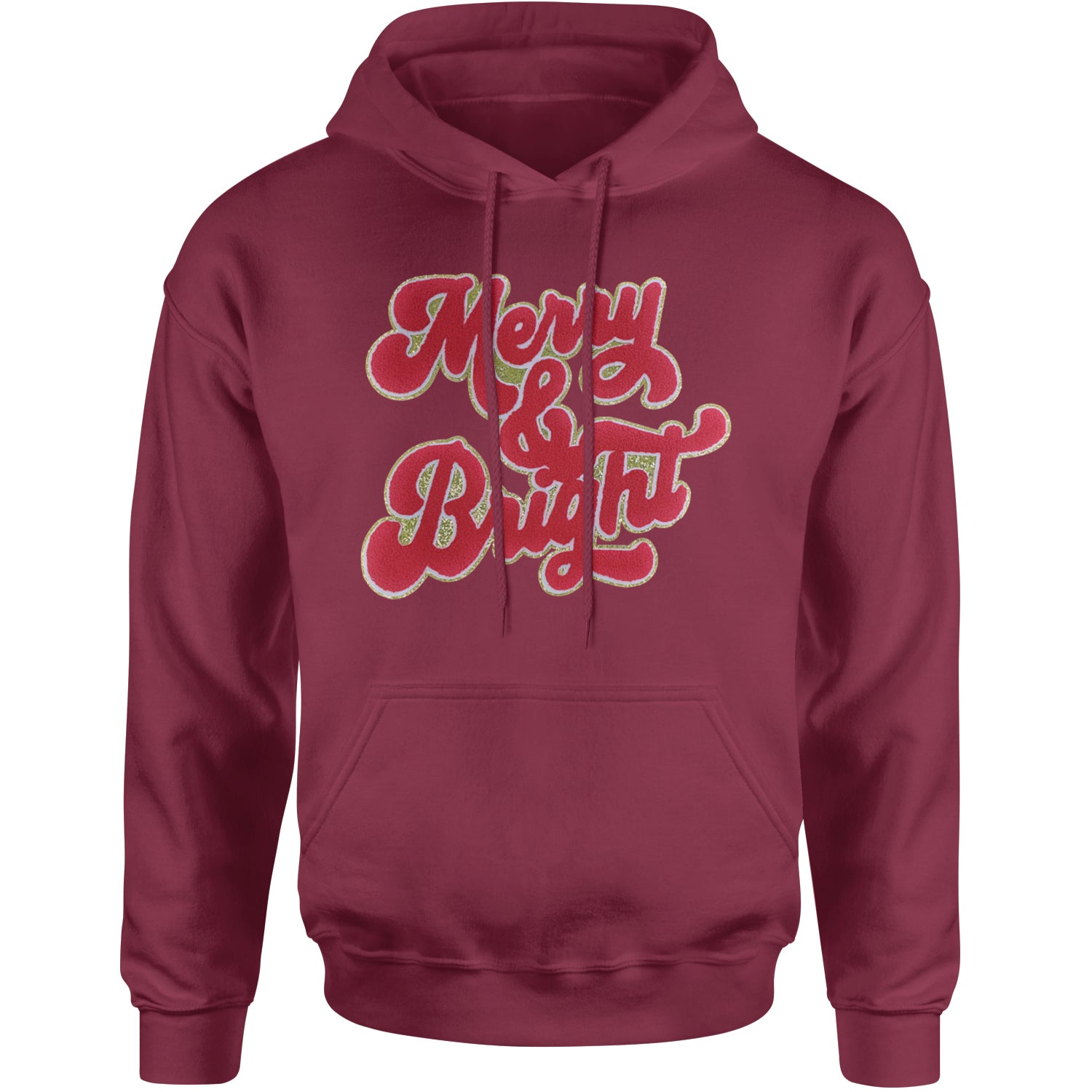 Merry & Bright Chenille Glitter Adult Hoodie Sweatshirt Maroon