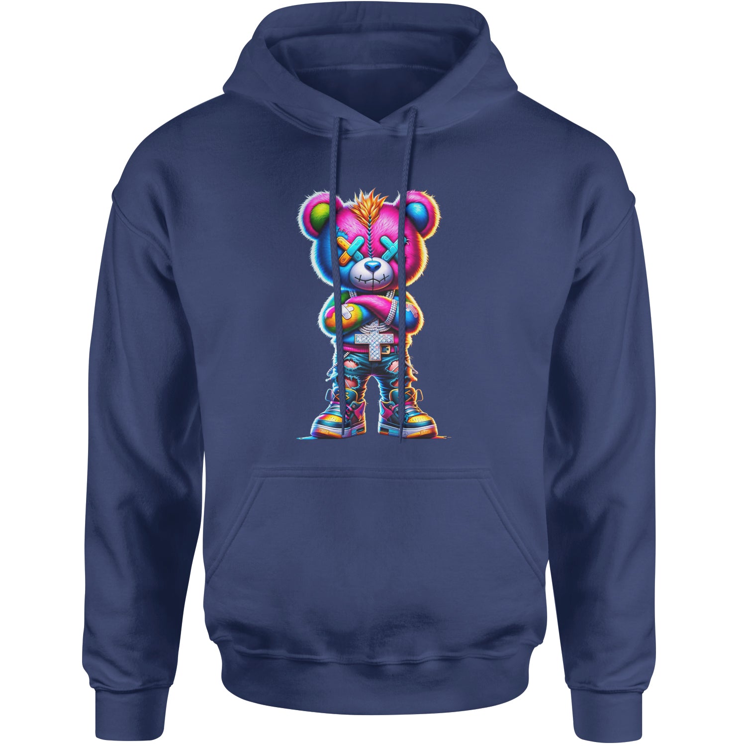 Stitched Neon Urban Graffiti Bear Adult Hoodie Sweatshirt Navy Blue