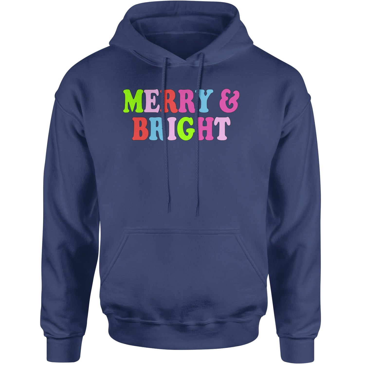 Merry and Bright Festive Christmas Holiday Adult Hoodie Sweatshirt Navy Blue