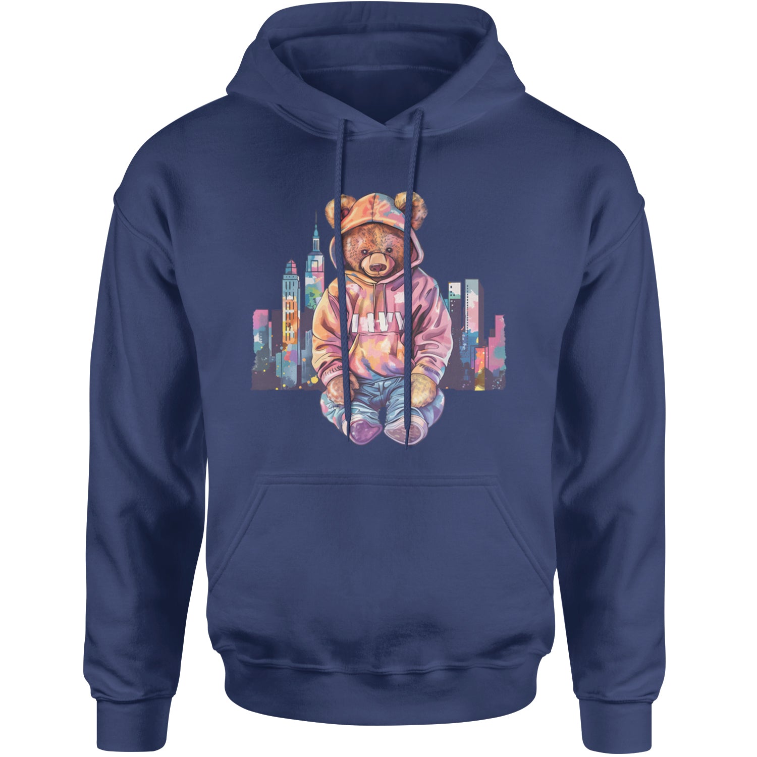 City Skyline Urban Graffiti Bear Adult Hoodie Sweatshirt Navy Blue