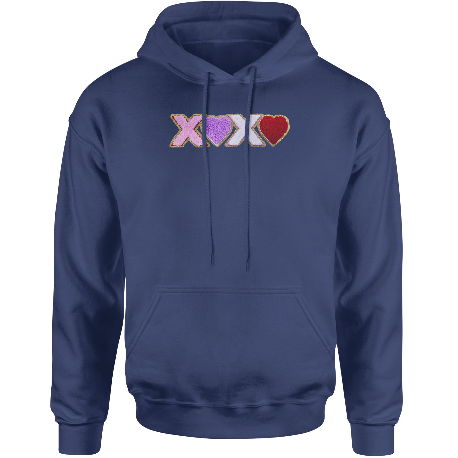 XOXO Chenille Patch Valentines Days Adult Hoodie Sweatshirt Navy Blue