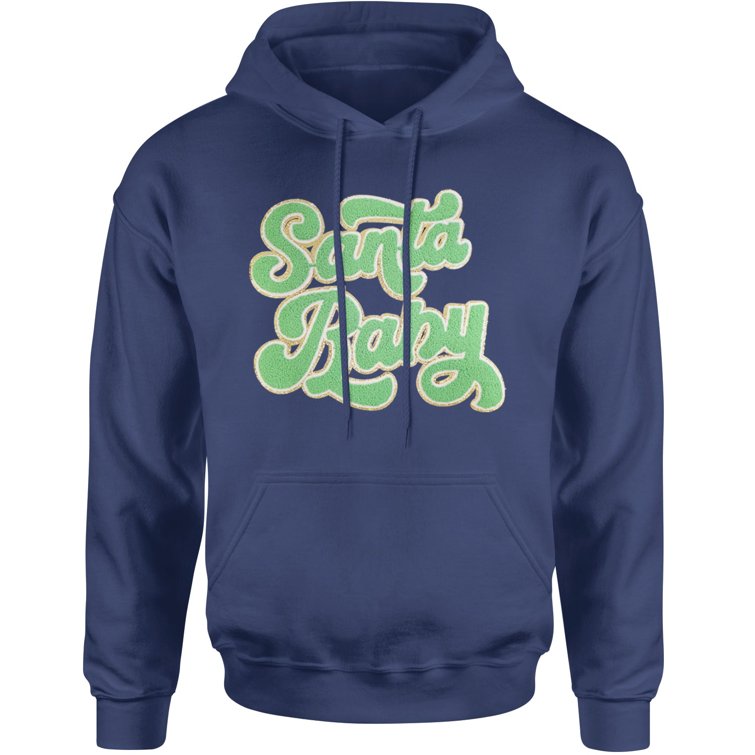 Green Santa Baby Chenille Patch Adult Hoodie Sweatshirt Navy Blue