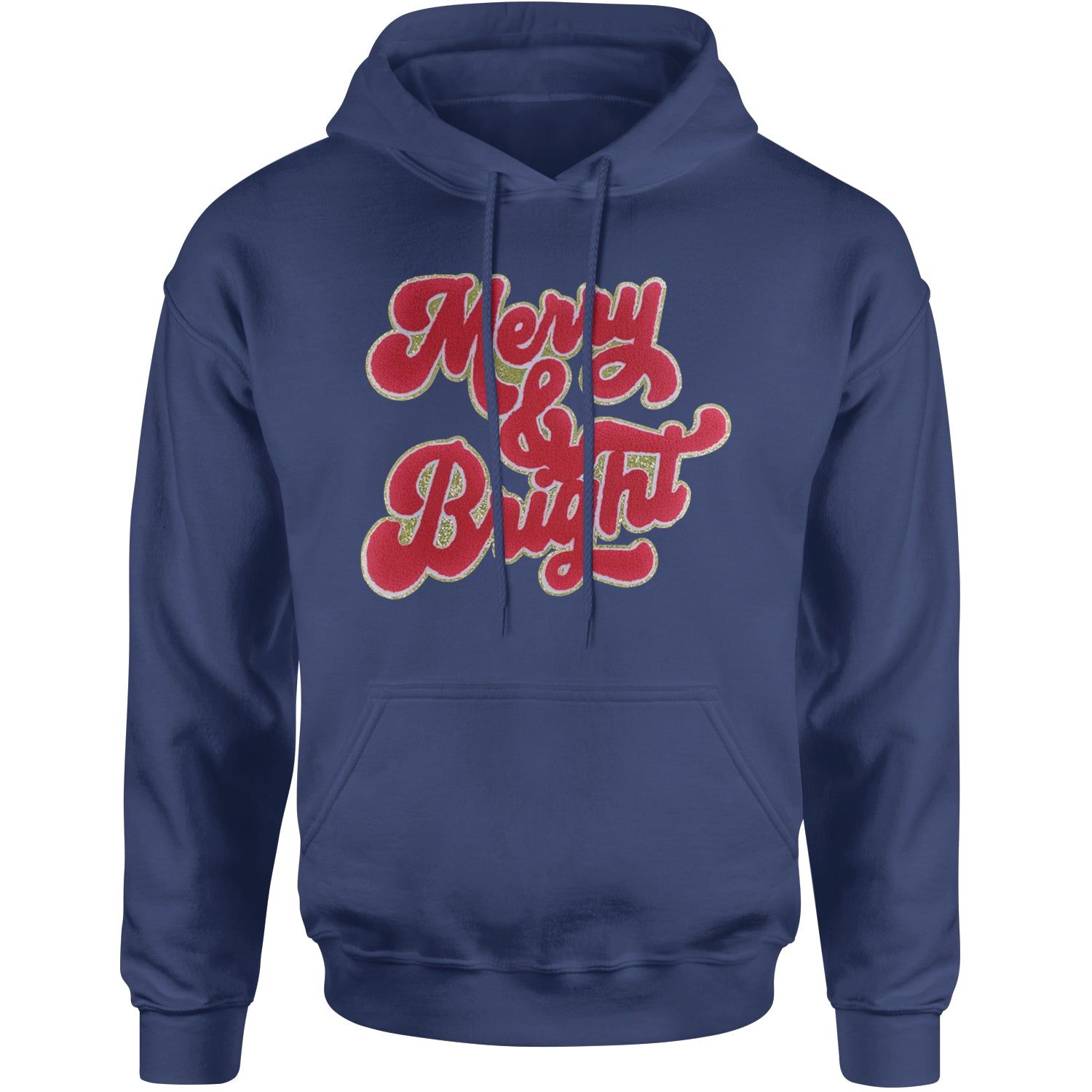 Merry & Bright Chenille Glitter Adult Hoodie Sweatshirt Navy Blue