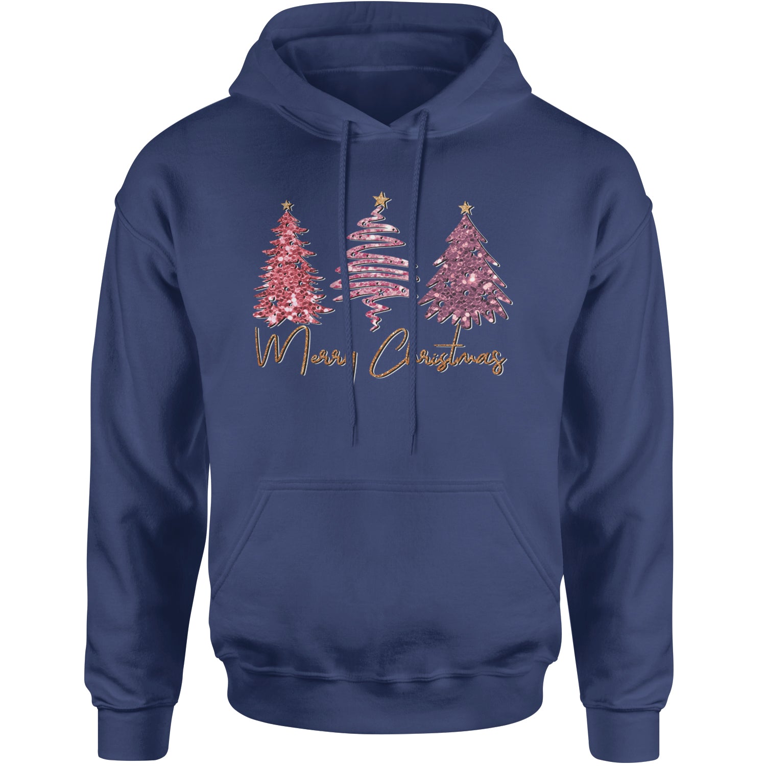 Merry Christmas Faux Glitter Trees Adult Hoodie Sweatshirt Navy Blue