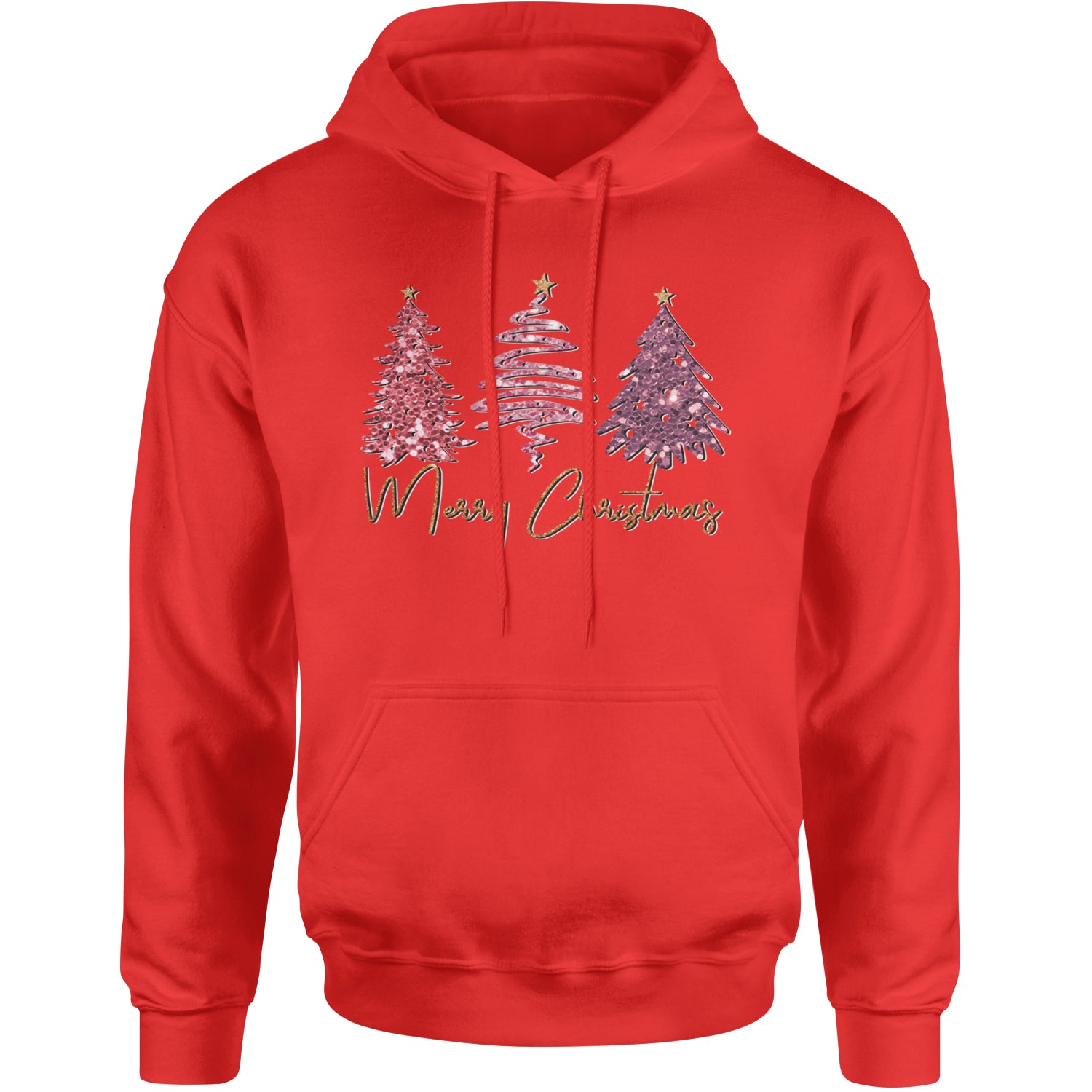 Merry Christmas Faux Glitter Trees Adult Hoodie Sweatshirt Red